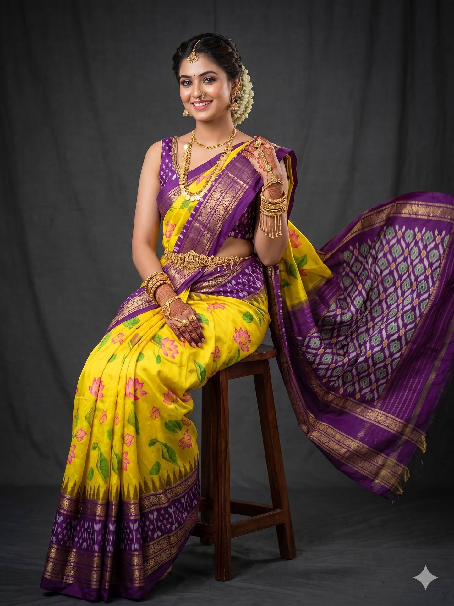 Ikkat Pochampally Handloom Pure Silk Digital Floral Printed Saree With Pallu & Designer Ikkat Blouse | Silk Mark Certified | DS52