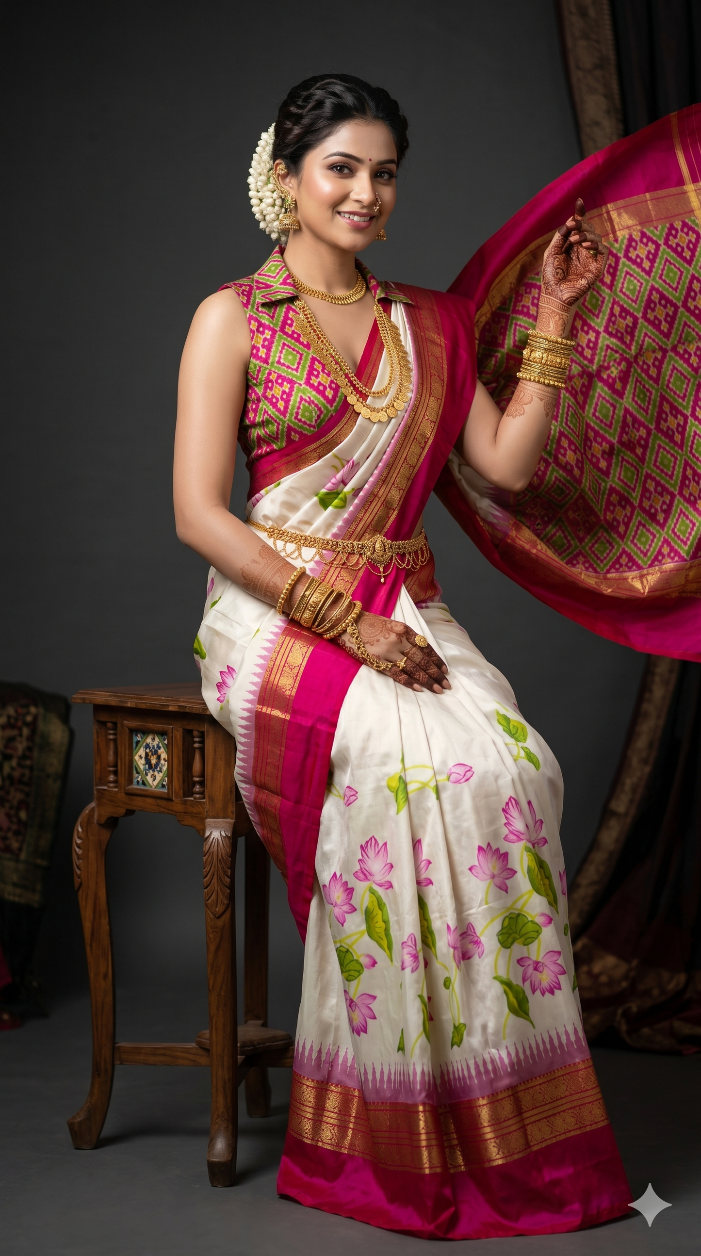 Ikkat Pochampally Handloom Pure Silk Digital Floral Printed Saree With Pallu & Designer Ikkat Blouse | Silk Mark Certified | DS66