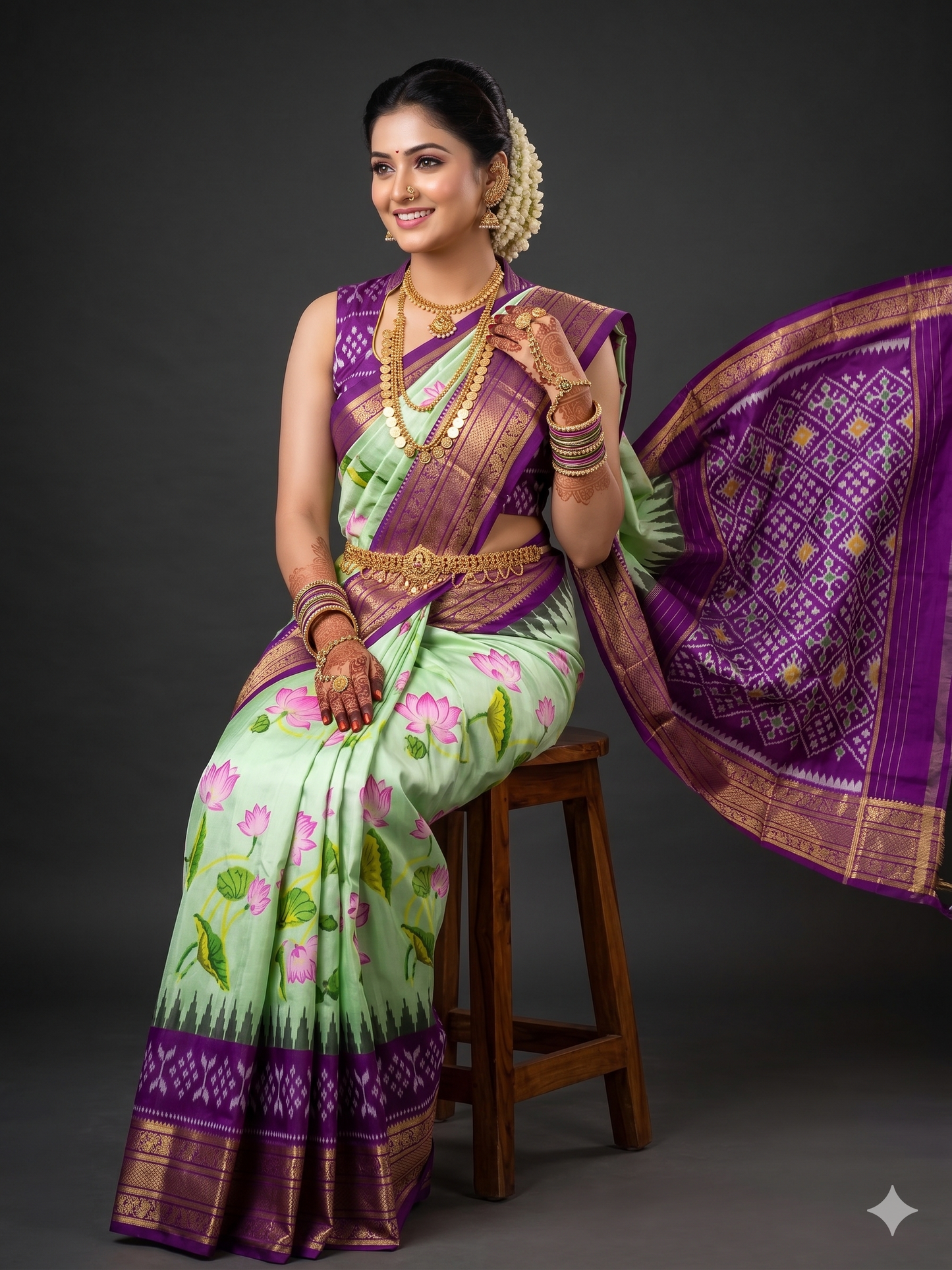 Ikkat Pochampally Handloom Pure Silk Digital Floral Printed Saree With Pallu & Designer Ikkat Blouse | Silk Mark Certified | DS27
