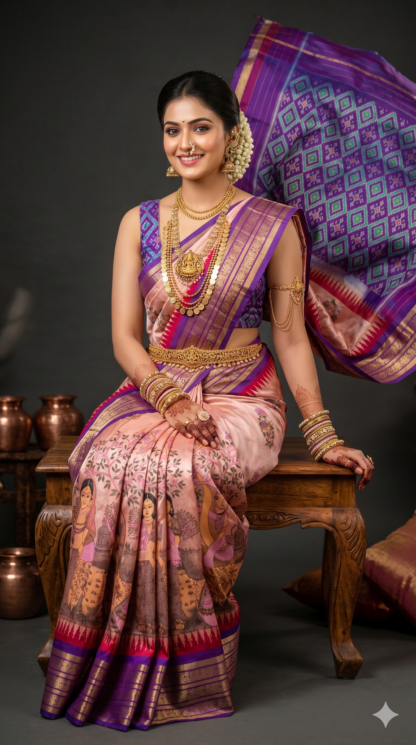 Ikkat Pochampally Handloom Pure Silk Digital Floral Printed Saree With Pallu & Designer Ikkat Blouse | Silk Mark Certified | DS31