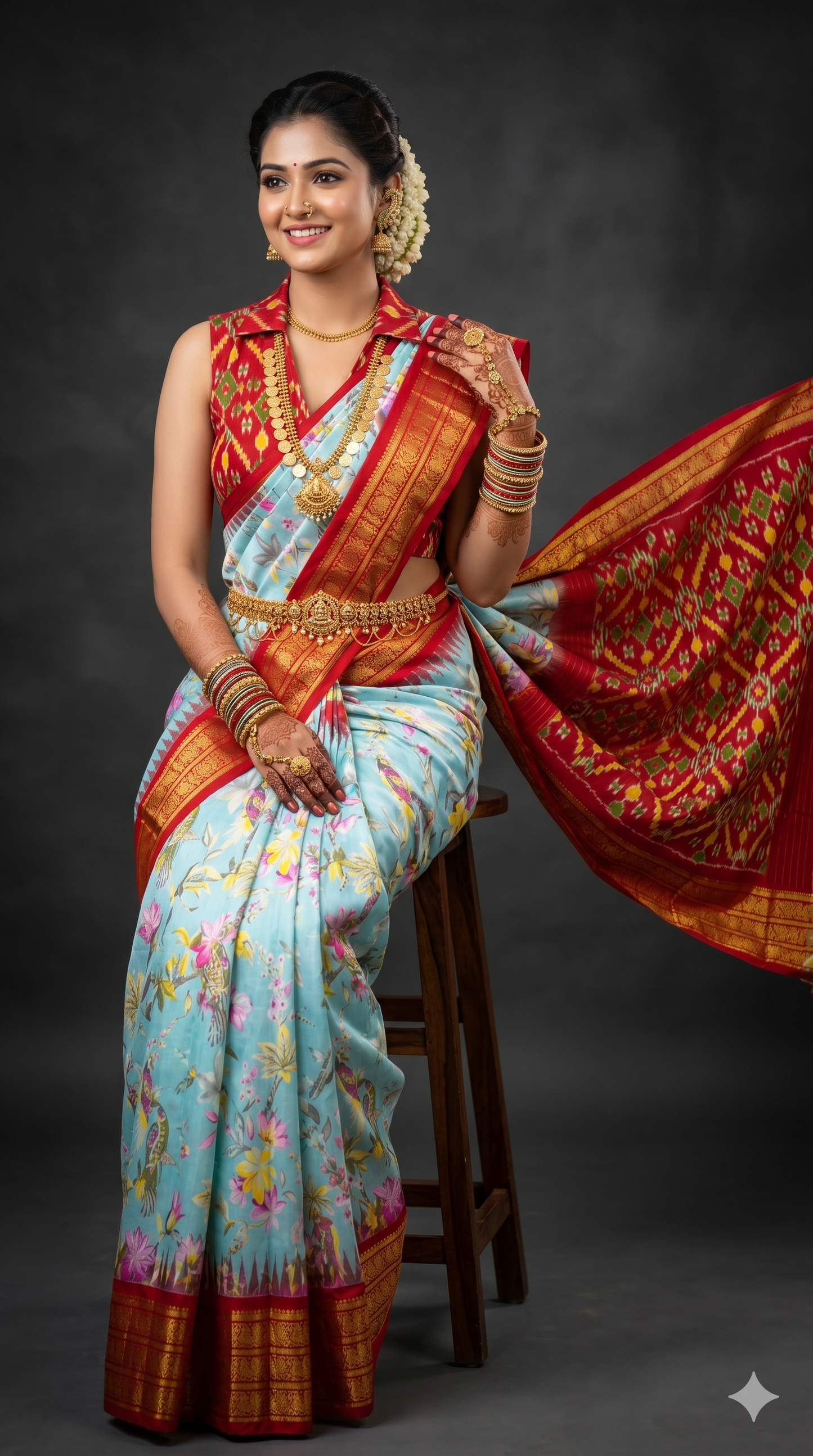 Ikkat Pochampally Handloom Pure Silk Digital Floral Printed Saree With Pallu & Designer Ikkat Blouse | Silk Mark Certified | DS55