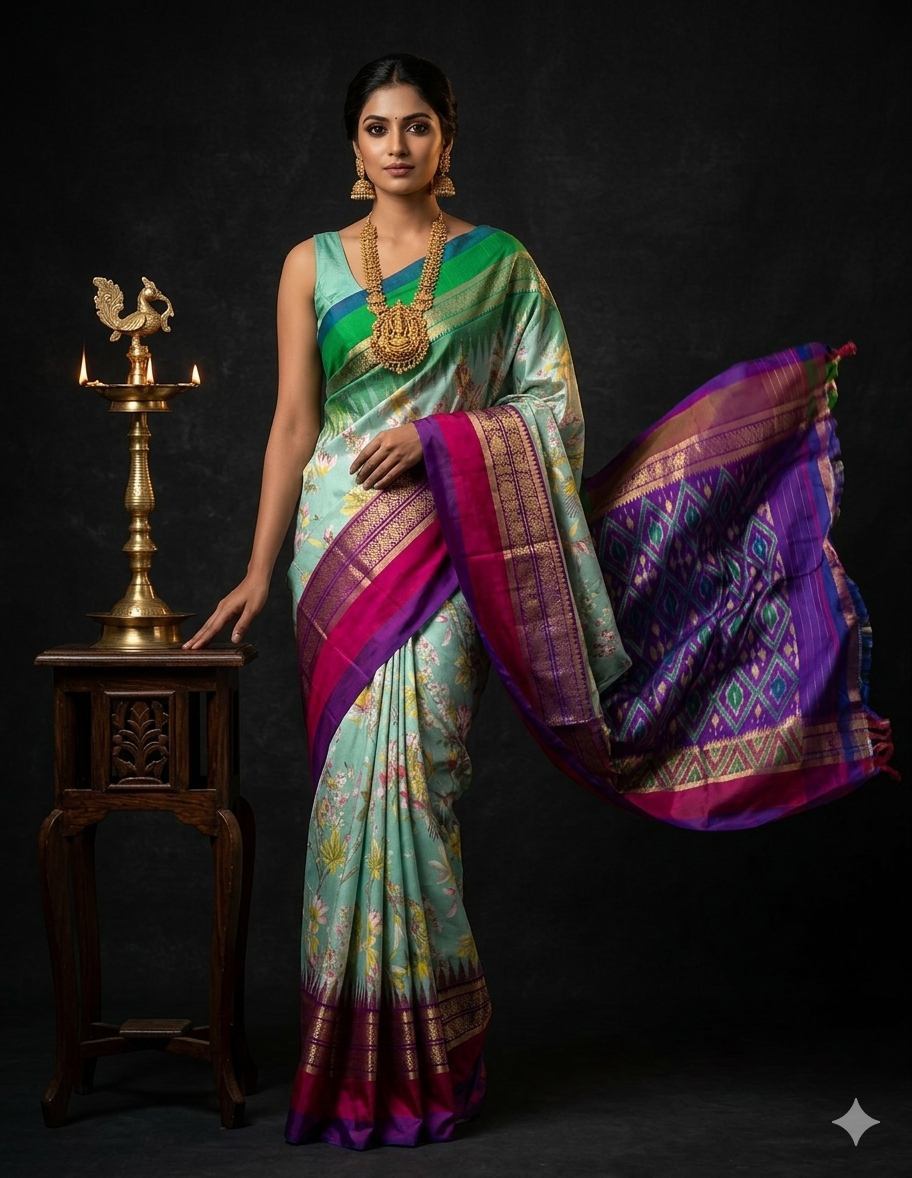 Ikkat Pochampally Handloom Pure Silk Digital Floral Printed Saree With Pallu & Designer Ikkat Blouse | Silk Mark Certified | DS79