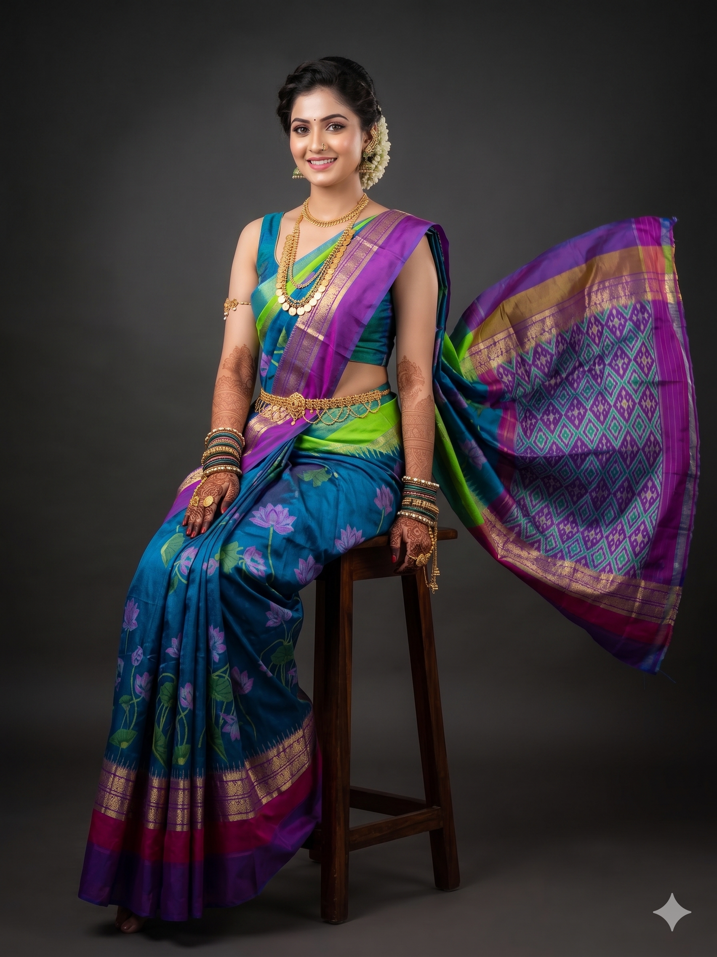 Ikkat Pochampally Handloom Pure Silk Digital Floral Printed Saree With Pallu & Designer Ikkat Blouse | Silk Mark Certified | DS65