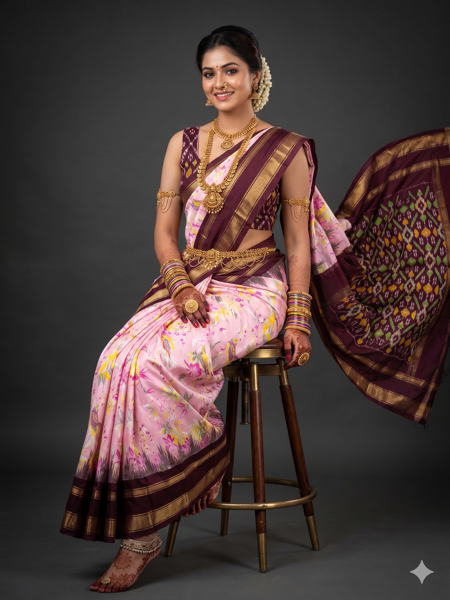 Ikkat Pochampally Handloom Pure Silk Digital Floral Printed Saree With Pallu & Designer Ikkat Blouse | Silk Mark Certified | DS47