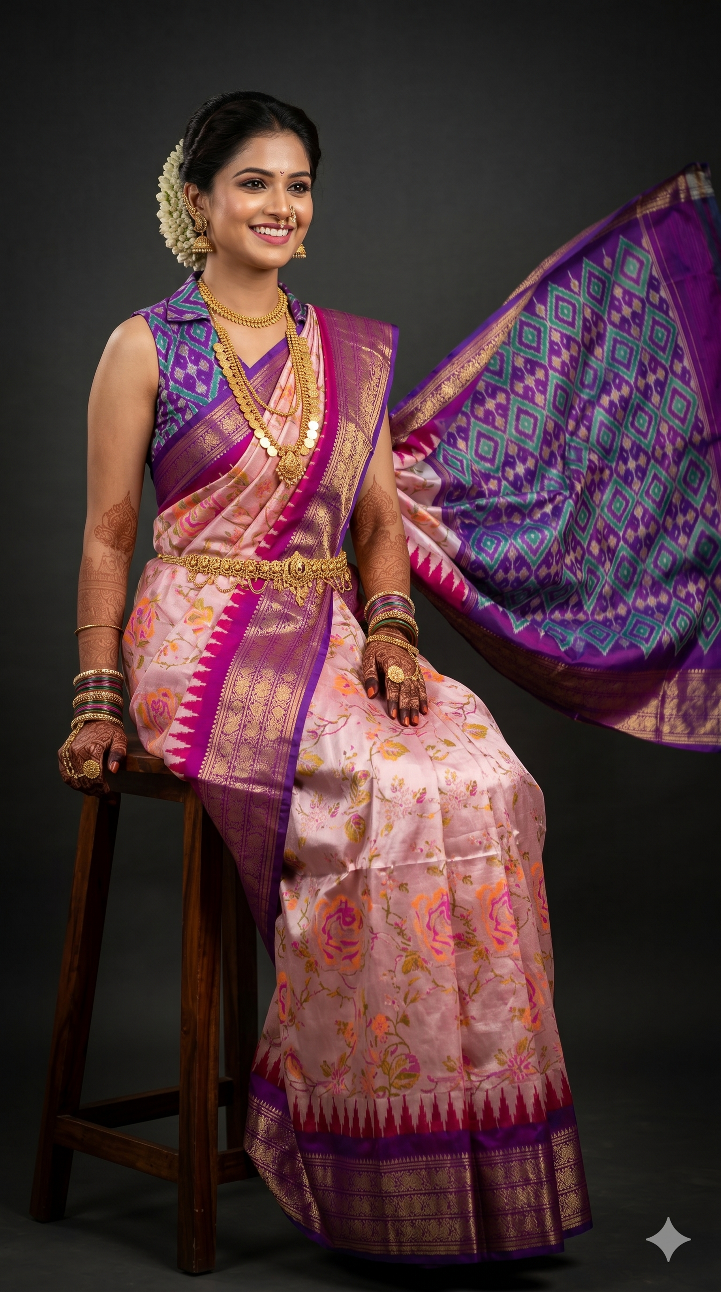 Ikkat Pochampally Handloom Pure Silk Digital Floral Printed Saree With Pallu & Designer Ikkat Blouse | Silk Mark Certified | DS26