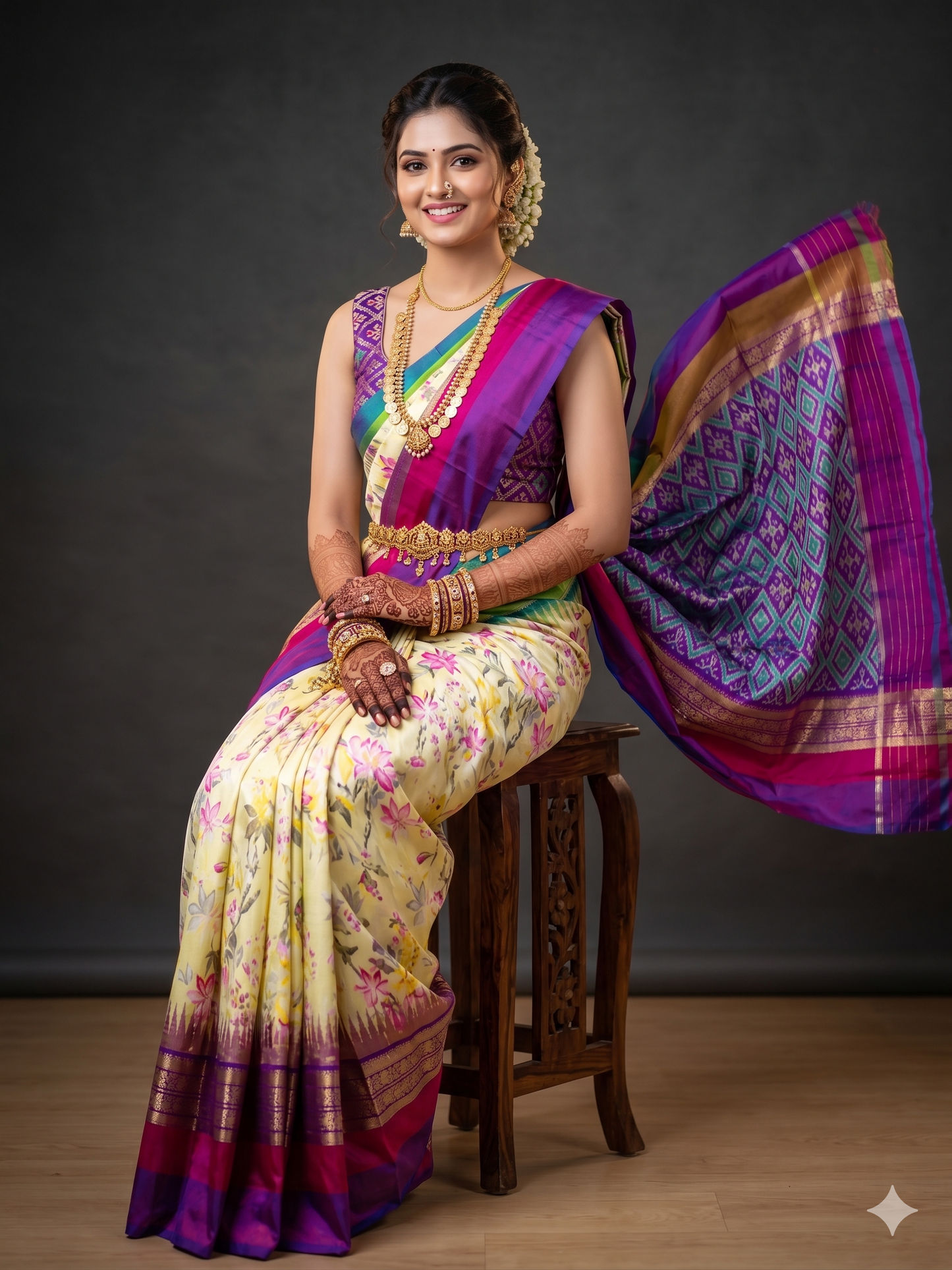 Ikkat Pochampally Handloom Pure Silk Digital Floral Printed Saree With Pallu & Designer Ikkat Blouse | Silk Mark Certified | DS42