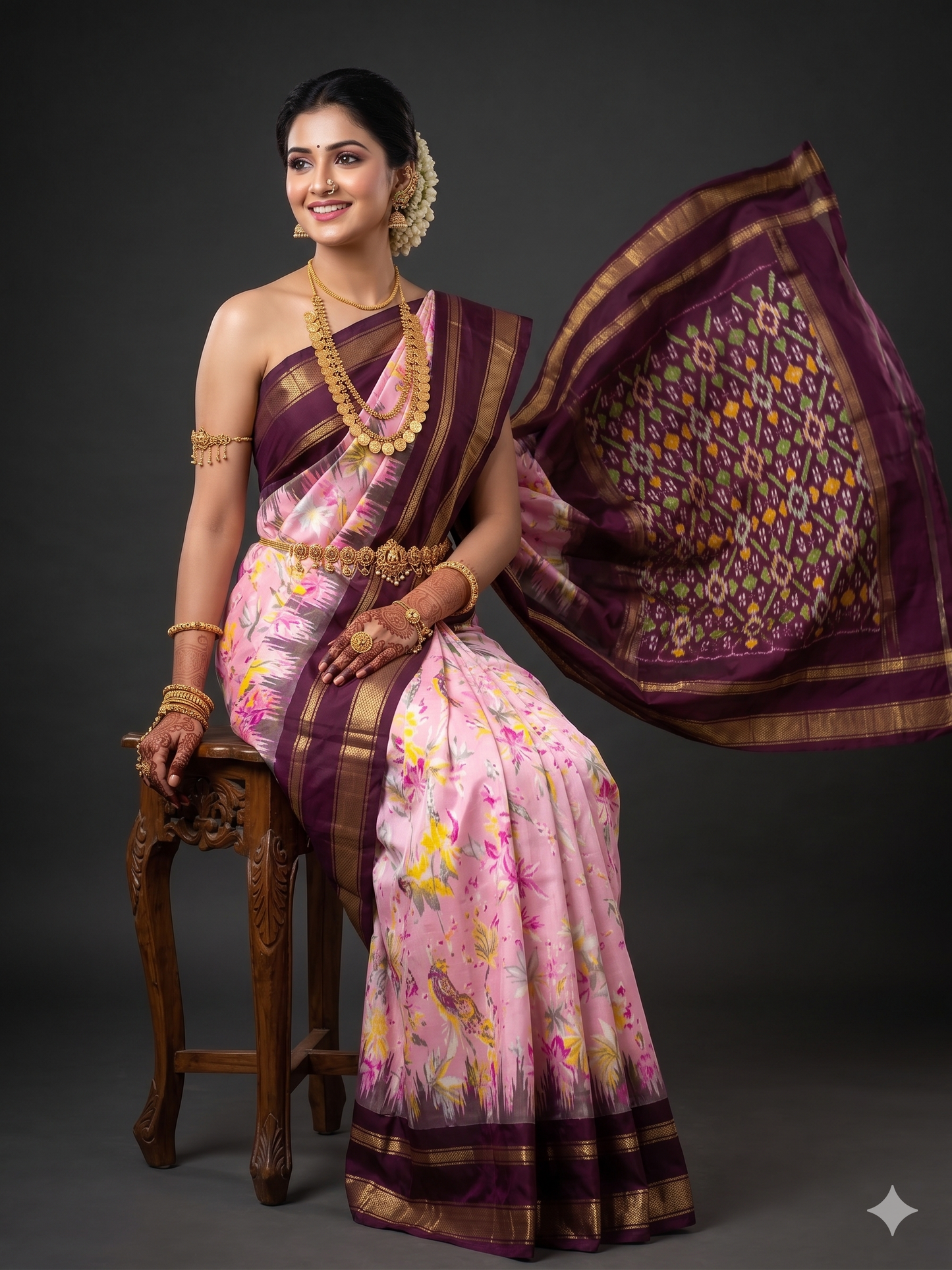Ikkat Pochampally Handloom Pure Silk Digital Floral Printed Saree With Pallu & Designer Ikkat Blouse | Silk Mark Certified | DS50