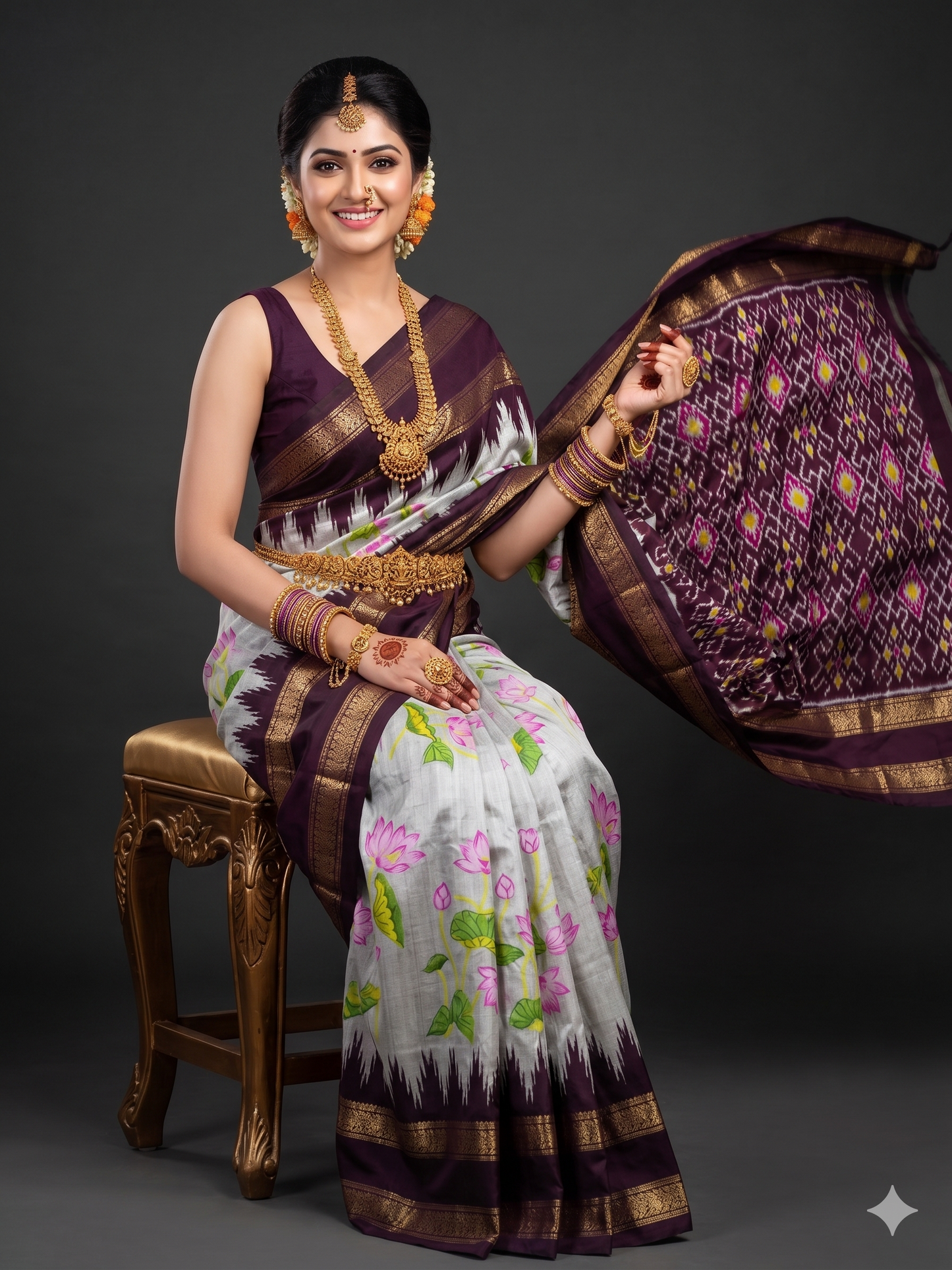 Ikkat Pochampally Handloom Pure Silk Digital Floral Printed Saree With Pallu & Designer Ikkat Blouse | Silk Mark Certified | DS35