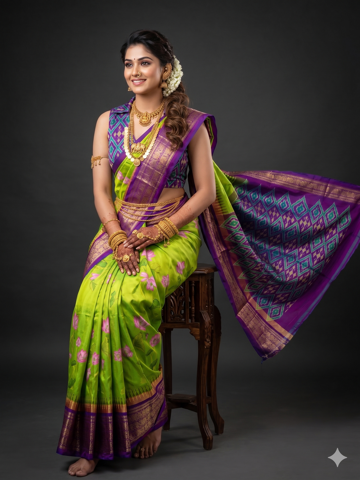 Ikkat Pochampally Handloom Pure Silk Digital Floral Printed Saree With Pallu & Designer Ikkat Blouse | Silk Mark Certified | DS57