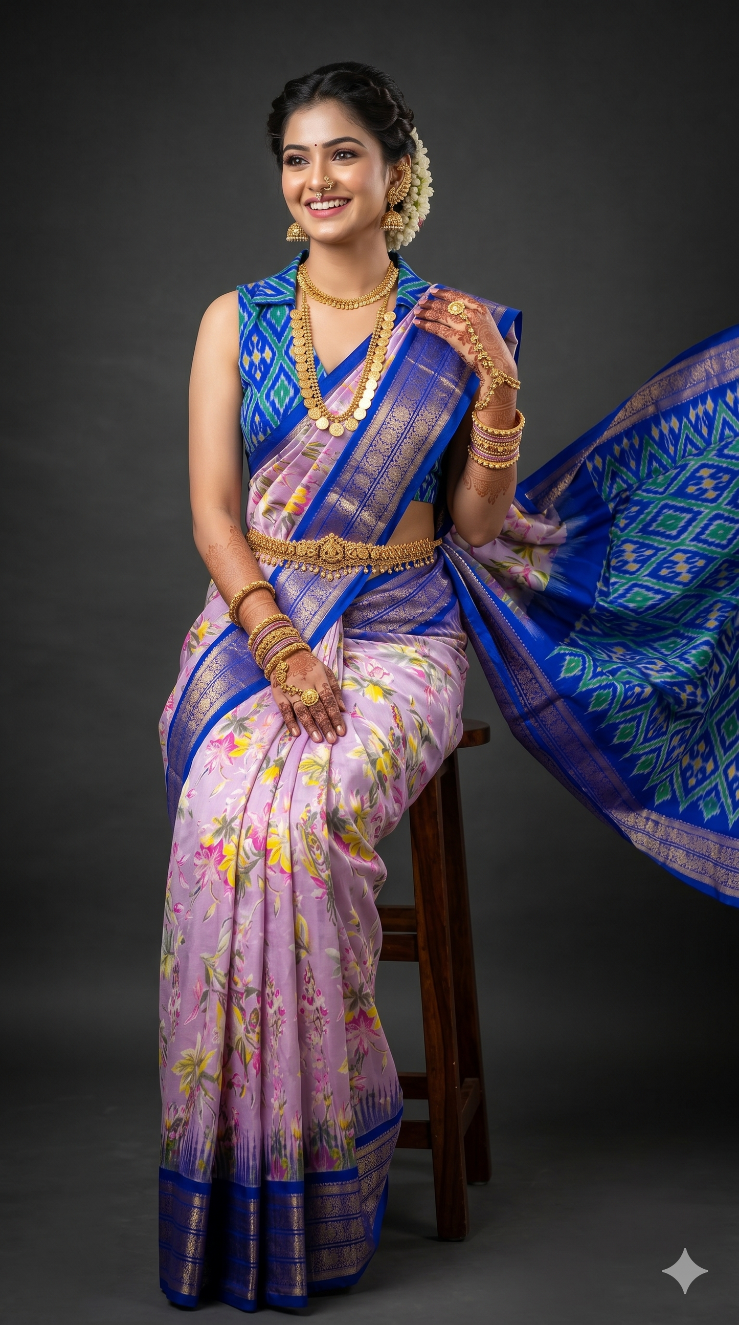 Ikkat Pochampally Handloom Pure Silk Digital Floral Printed Saree With Pallu & Designer Ikkat Blouse | Silk Mark Certified | DS40