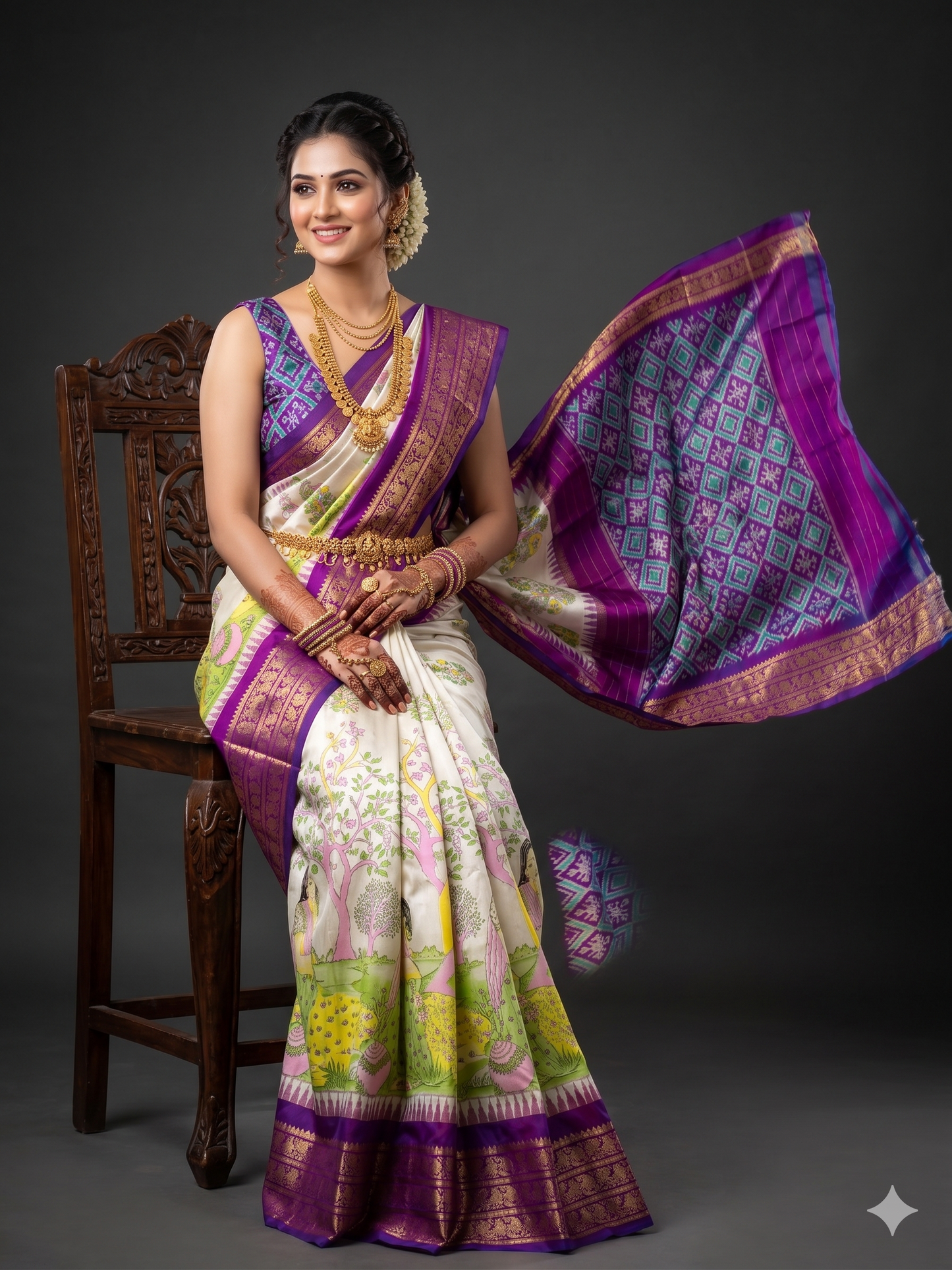 Ikkat Pochampally Handloom Pure Silk Digital Floral Printed Saree With Pallu & Designer Ikkat Blouse | Silk Mark Certified | DS28