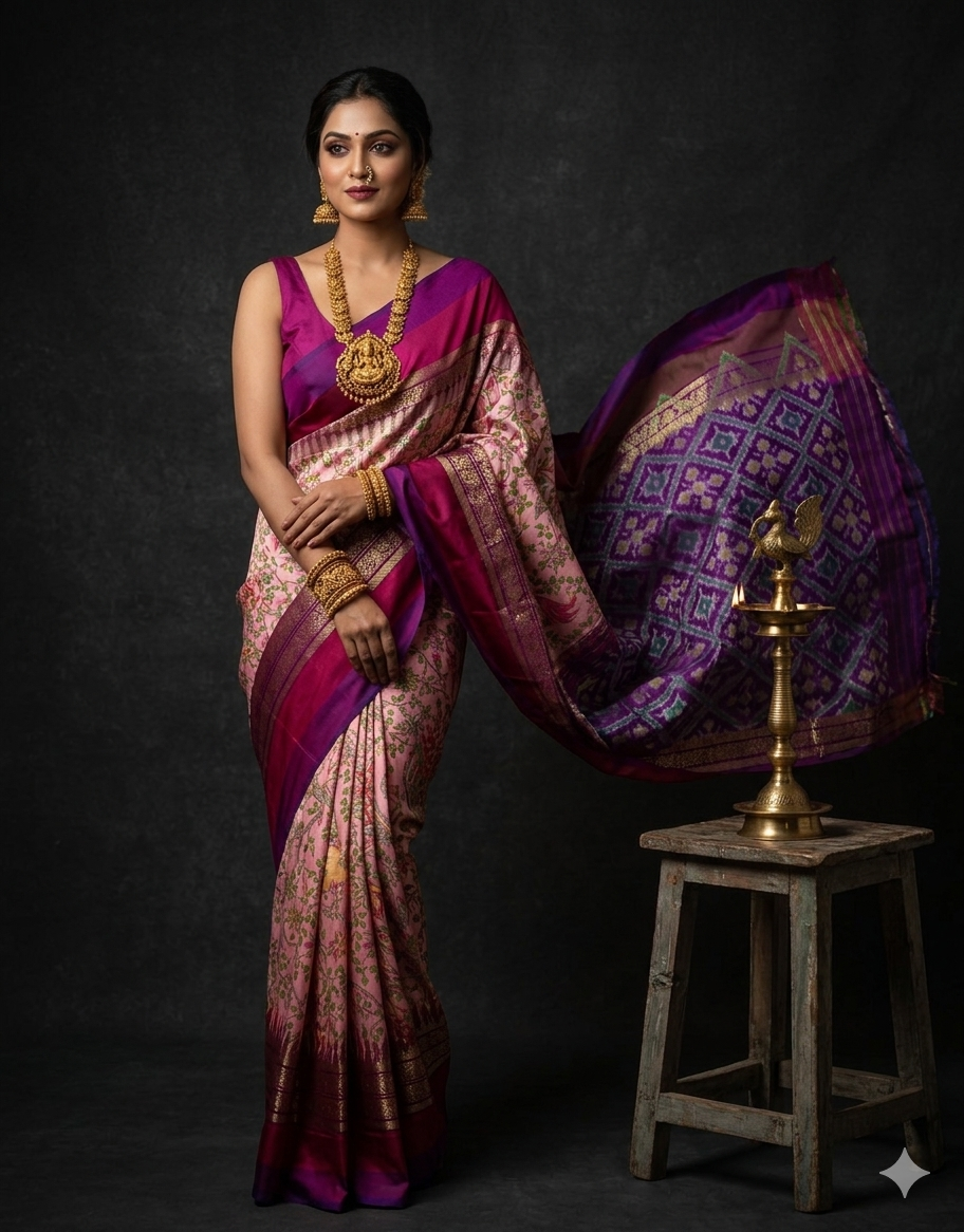 Ikkat Pochampally Handloom Pure Silk Digital Floral Printed Saree With Pallu & Designer Ikkat Blouse | Silk Mark Certified | DS83