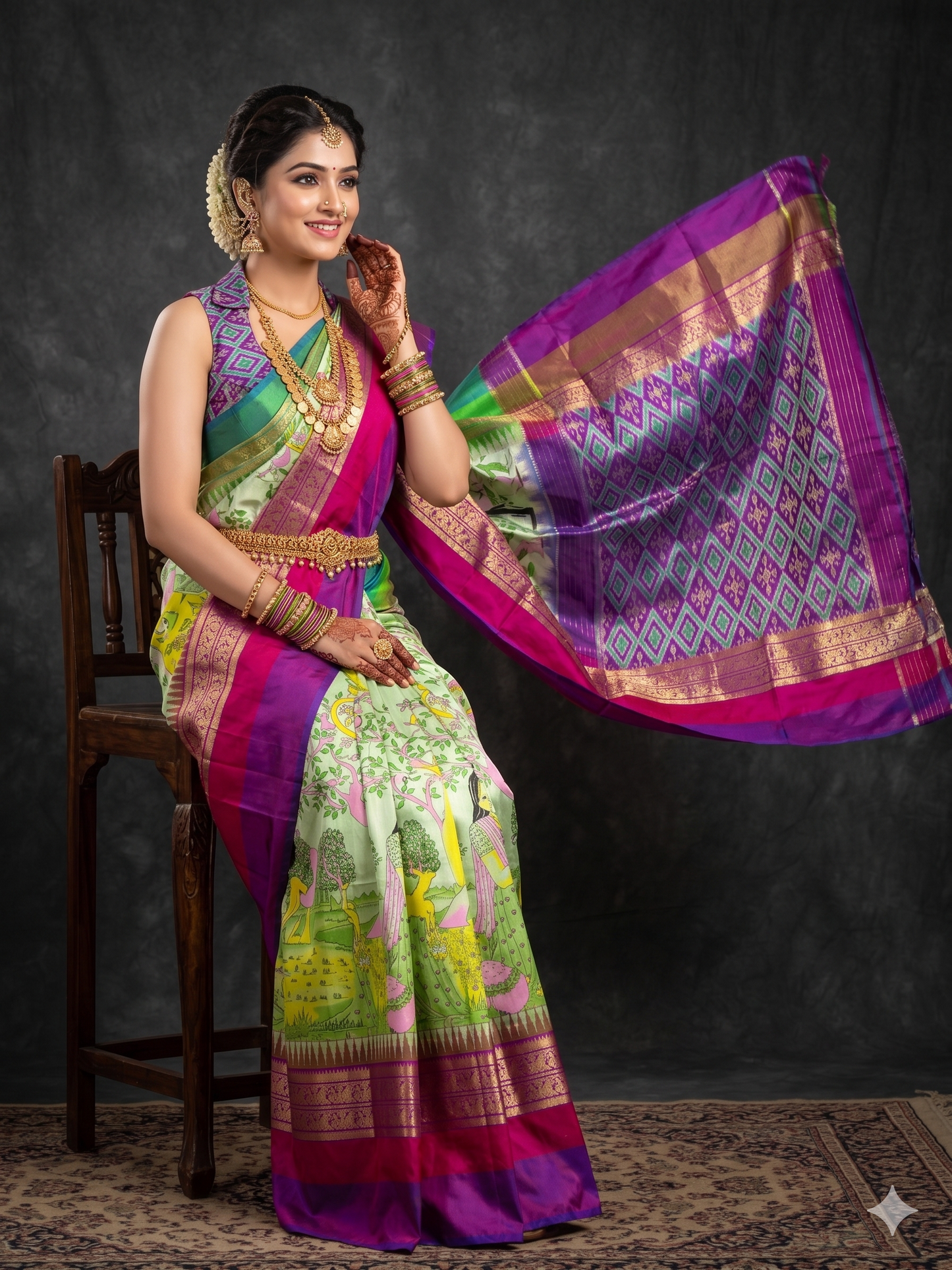 Ikkat Pochampally Handloom Pure Silk Digital Floral Printed Saree With Pallu & Designer Ikkat Blouse | Silk Mark Certified | DS22