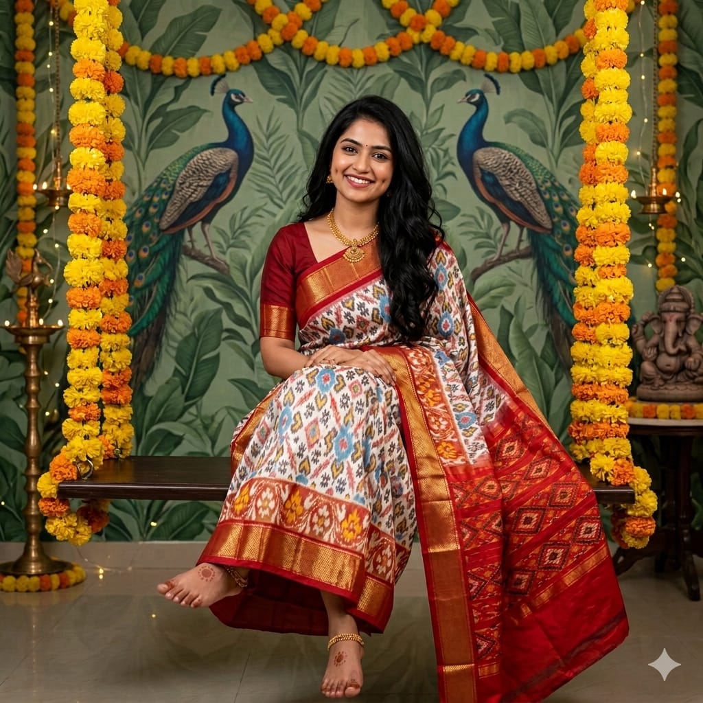 Ikkat Pochampally Handloom Pure Silk Saree with Blouse | Double Warp | Silk Mark Certified