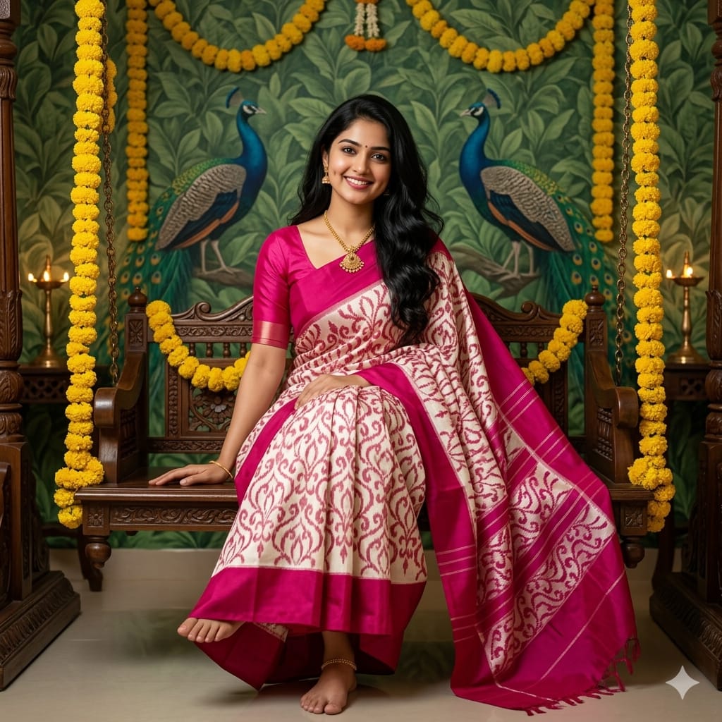 Ikkat Pochampally Handloom Pure Silk Saree with Blouse | Double Warp | Silk Mark Certified