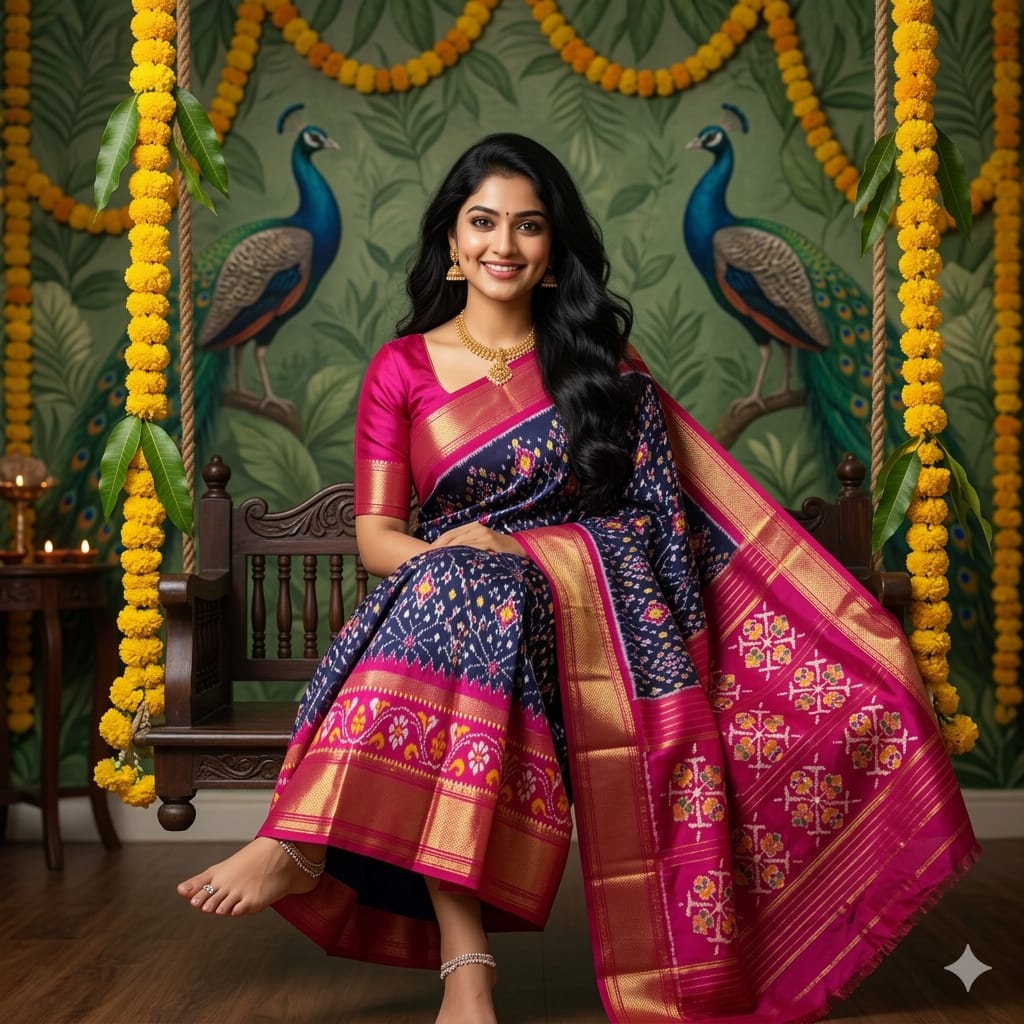 Ikkat Pochampally Handloom Pure Silk Saree with Blouse | Double Warp | Silk Mark Certified