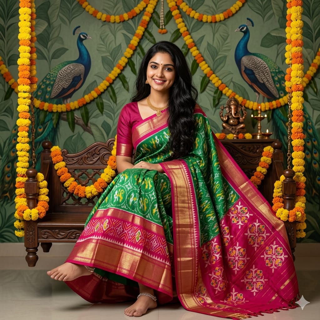 Ikkat Pochampally Handloom Pure Silk Saree with Blouse | Double Warp | Silk Mark Certified