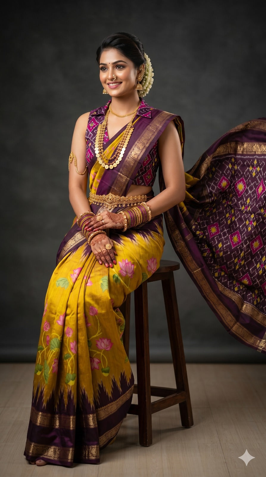 Ikkat Pochampally Handloom Pure Silk Digital Floral Printed Saree With Pallu & Designer Ikkat Blouse | Silk Mark Certified | DS184
