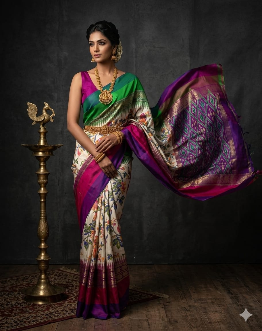 Ikkat Pochampally Handloom Pure Silk Digital Floral Printed Saree With Pallu & Designer Ikkat Blouse | Silk Mark Certified | DS219