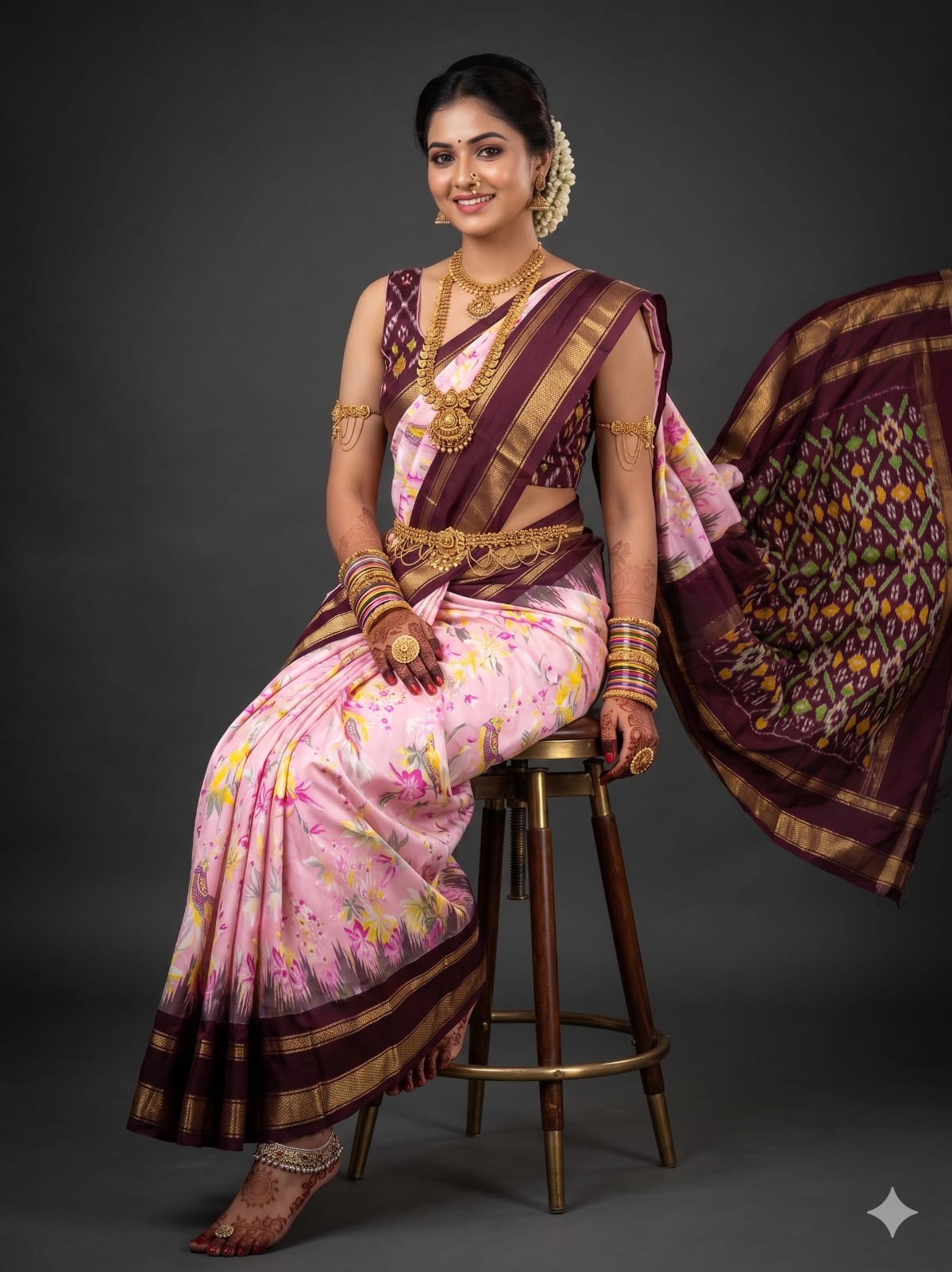 Ikkat Pochampally Handloom Pure Silk Digital Floral Printed Saree With Pallu & Designer Ikkat Blouse | Silk Mark Certified | DS210