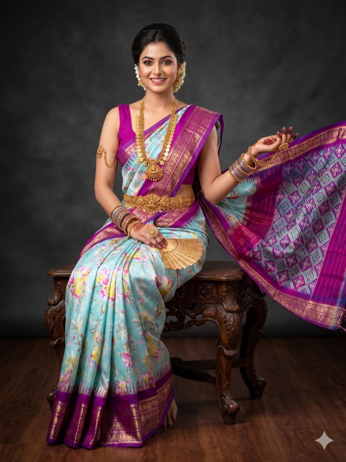 Ikkat Pochampally Handloom Pure Silk Digital Floral Printed Saree With Pallu & Designer Ikkat Blouse | Silk Mark Certified | DS186