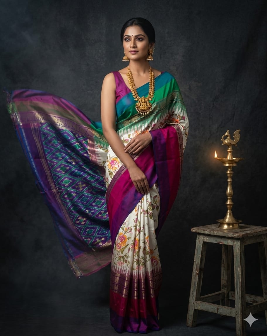 Ikkat Pochampally Handloom Pure Silk Digital Floral Printed Saree With Pallu & Designer Ikkat Blouse | Silk Mark Certified | DS212