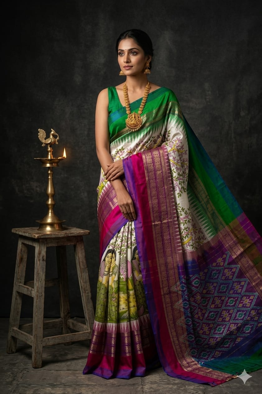 Ikkat Pochampally Handloom Pure Silk Digital Floral Printed Saree With Pallu & Designer Ikkat Blouse | Silk Mark Certified | DS207