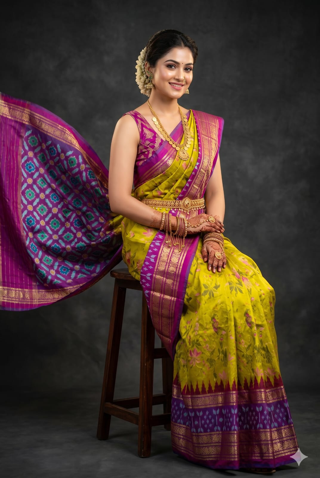 Ikkat Pochampally Handloom Pure Silk Digital Floral Printed Saree With Pallu & Designer Ikkat Blouse | Silk Mark Certified | DS208
