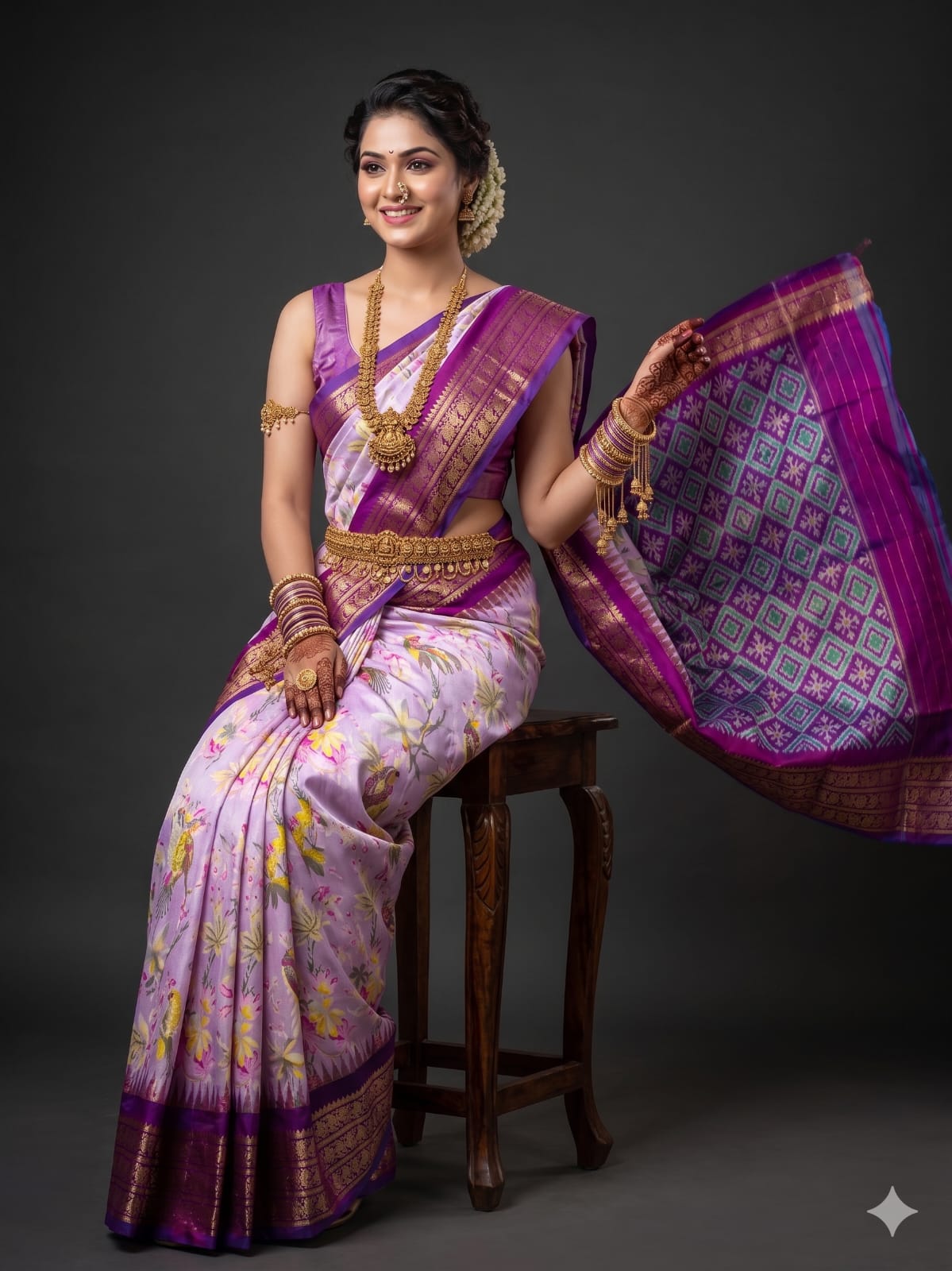 Ikkat Pochampally Handloom Pure Silk Digital Floral Printed Saree With Pallu & Designer Ikkat Blouse | Silk Mark Certified | DS194