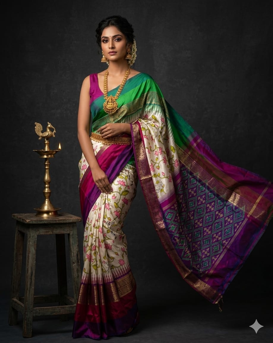 Ikkat Pochampally Handloom Pure Silk Digital Floral Printed Saree With Pallu & Designer Ikkat Blouse | Silk Mark Certified | DS215