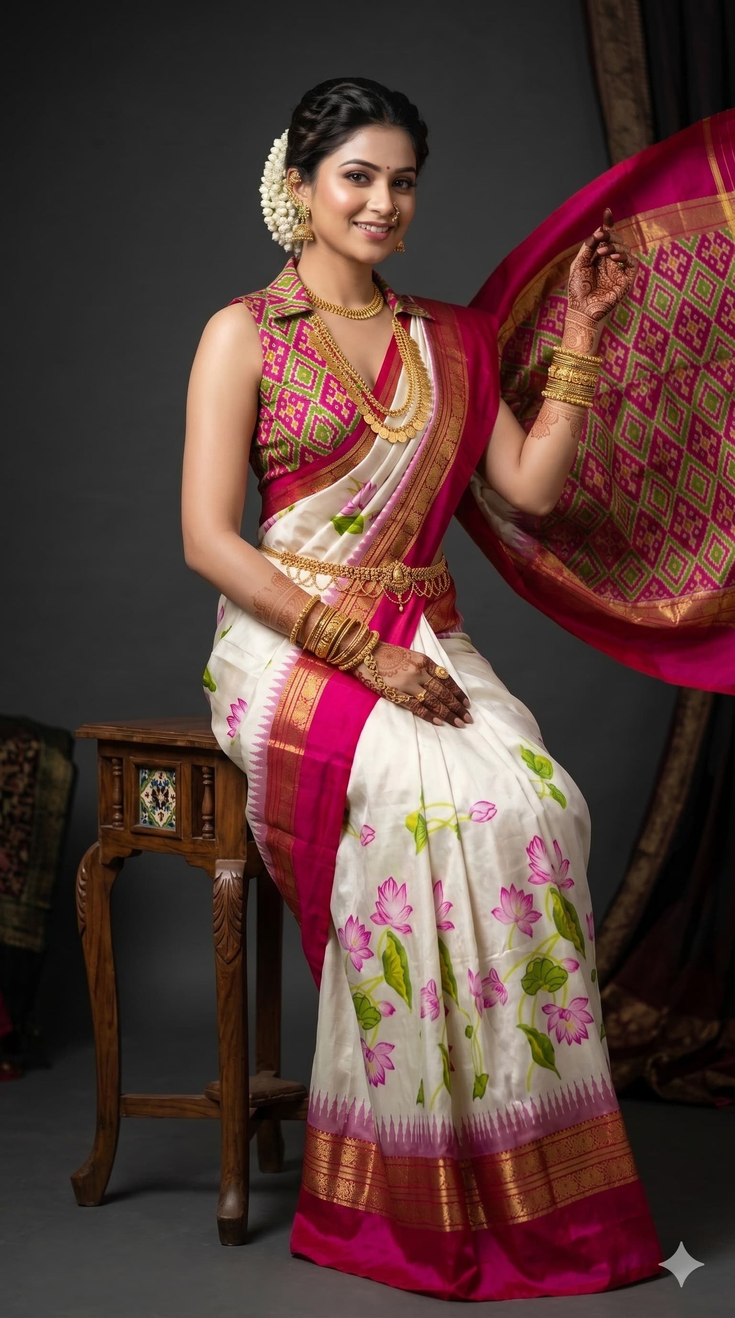 Ikkat Pochampally Handloom Pure Silk Digital Floral Printed Saree With Pallu & Designer Ikkat Blouse | Silk Mark Certified | DS183