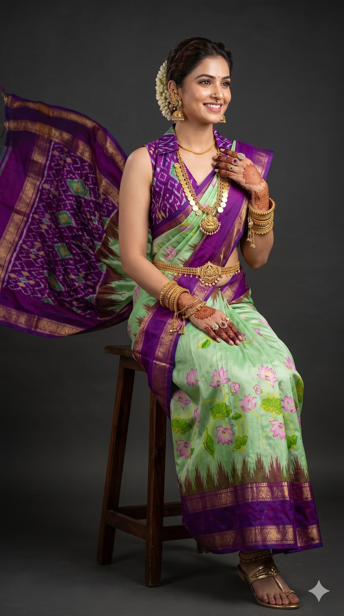 Ikkat Pochampally Handloom Pure Silk Digital Floral Printed Saree With Pallu & Designer Ikkat Blouse | Silk Mark Certified | DS173