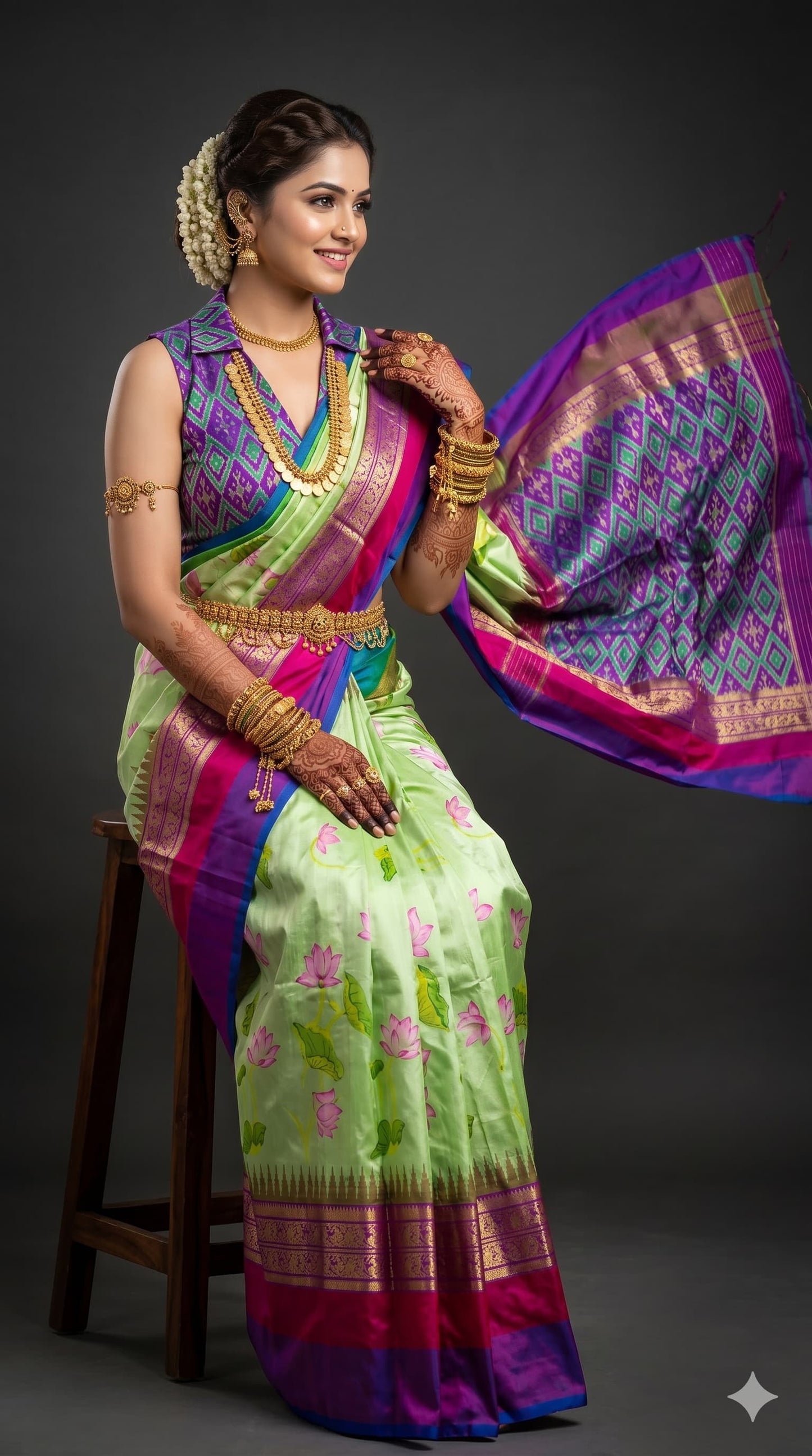 Ikkat Pochampally Handloom Pure Silk Digital Floral Printed Saree With Pallu & Designer Ikkat Blouse | Silk Mark Certified | DS182