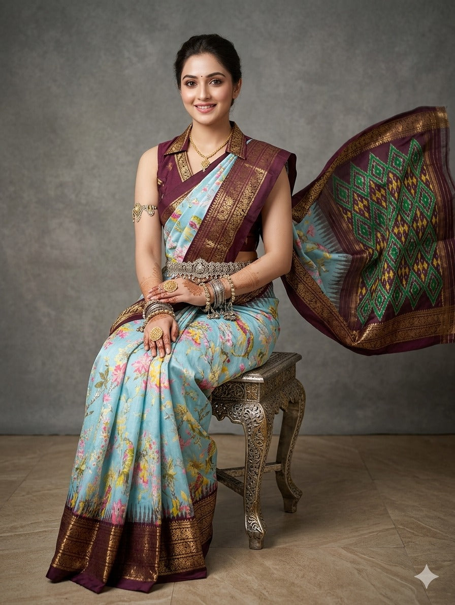 Ikkat Pochampally Handloom Pure Silk Digital Floral Printed Saree With Pallu & Designer Ikkat Blouse | Silk Mark Certified | DS171