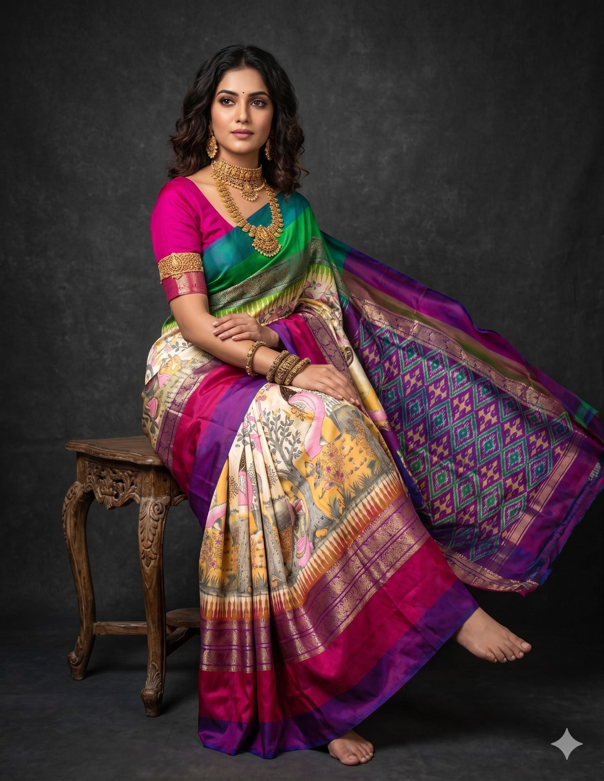 Ikkat Pochampally Handloom Pure Silk Digital Floral Printed Saree With Pallu & Designer Ikkat Blouse | Silk Mark Certified | DS155