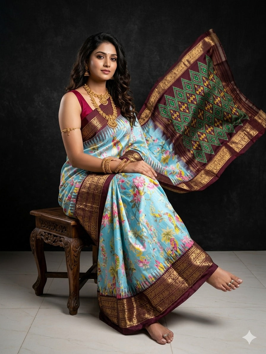 Ikkat Pochampally Handloom Pure Silk Digital Floral Printed Saree With Pallu & Designer Ikkat Blouse | Silk Mark Certified | DS178