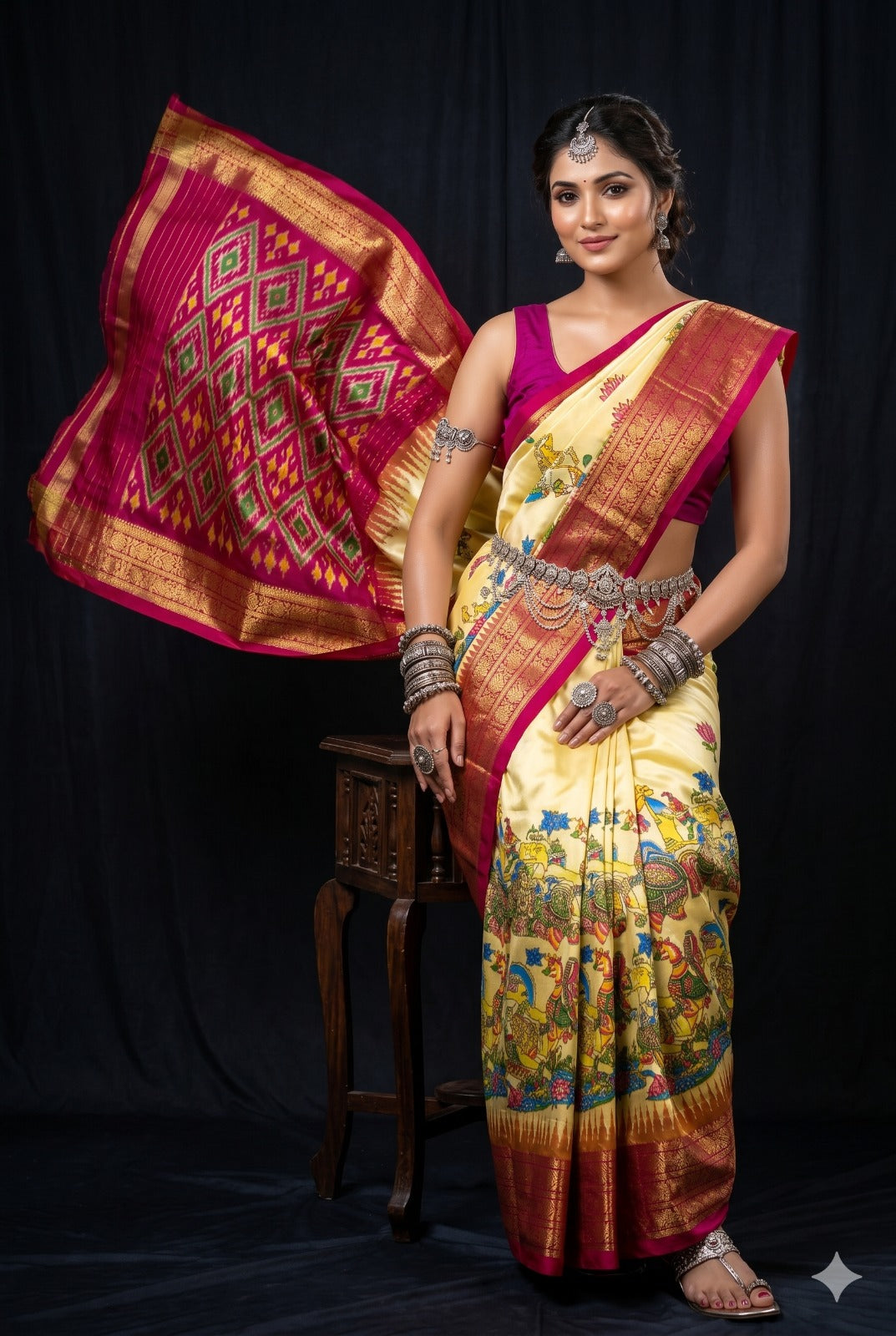 Ikkat Pochampally Handloom Pure Silk Digital Floral Printed Saree With Pallu & Designer Ikkat Blouse | Silk Mark Certified | DS158