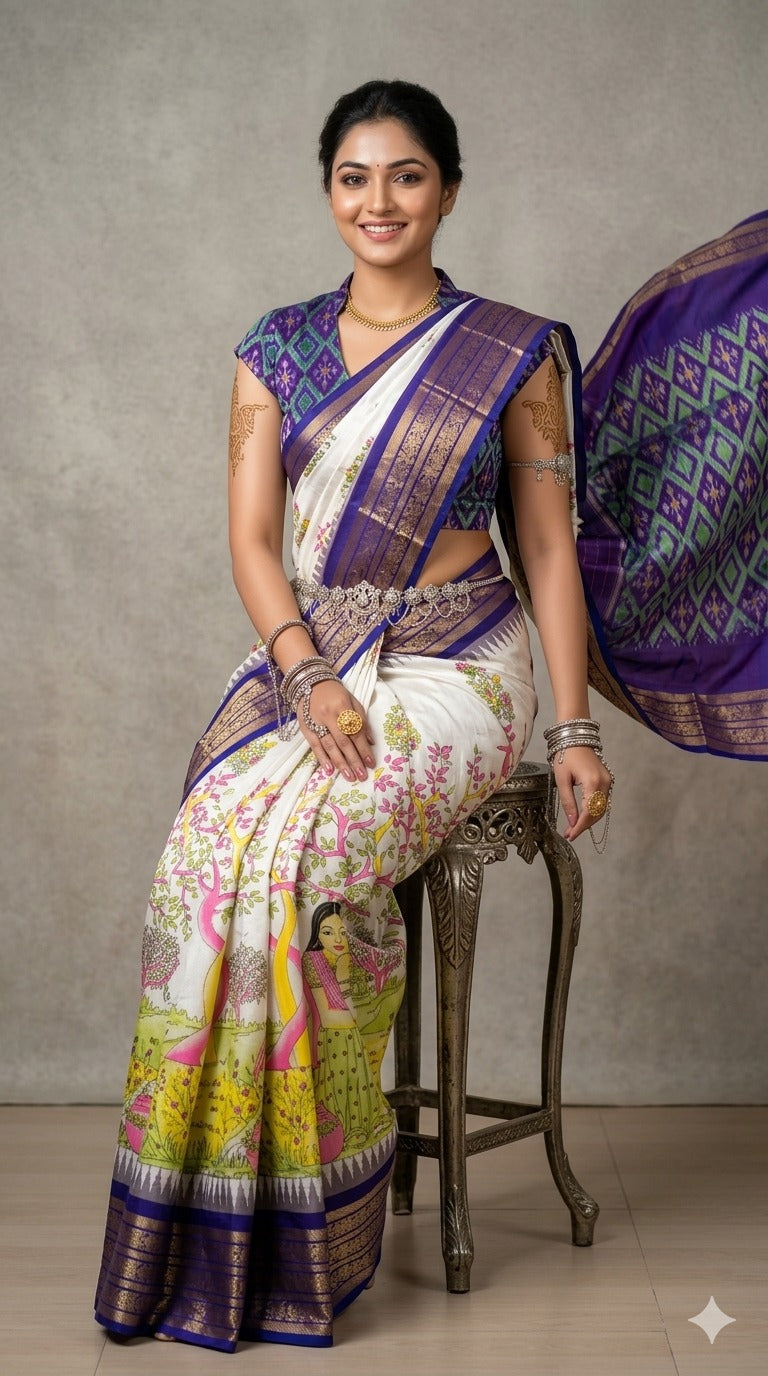 Ikkat Pochampally Handloom Pure Silk Digital Floral Printed Saree With Pallu & Designer Ikkat Blouse | Silk Mark Certified | DS177