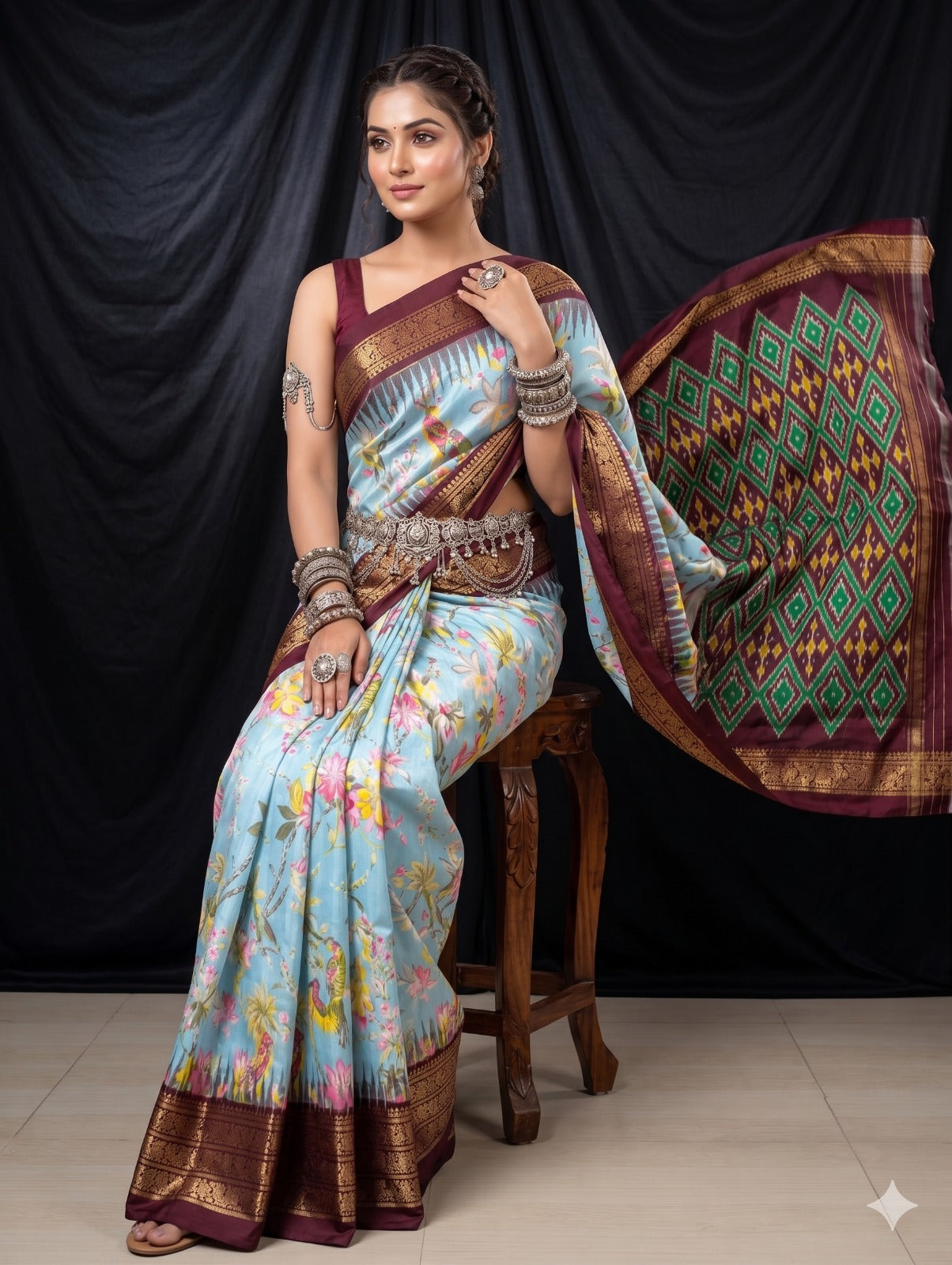 Ikkat Pochampally Handloom Pure Silk Digital Floral Printed Saree With Pallu & Designer Ikkat Blouse | Silk Mark Certified | DS149