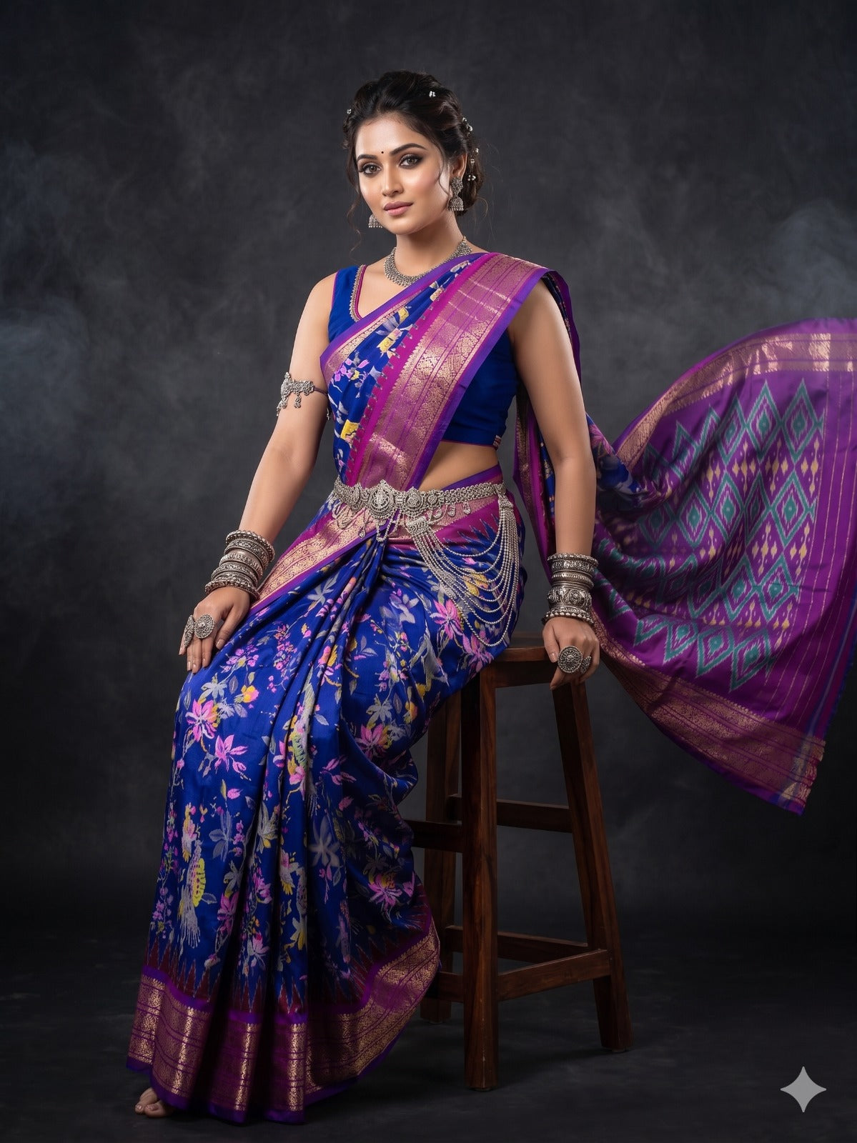 Ikkat Pochampally Handloom Pure Silk Digital Floral Printed Saree With Pallu & Designer Ikkat Blouse | Silk Mark Certified | DS151
