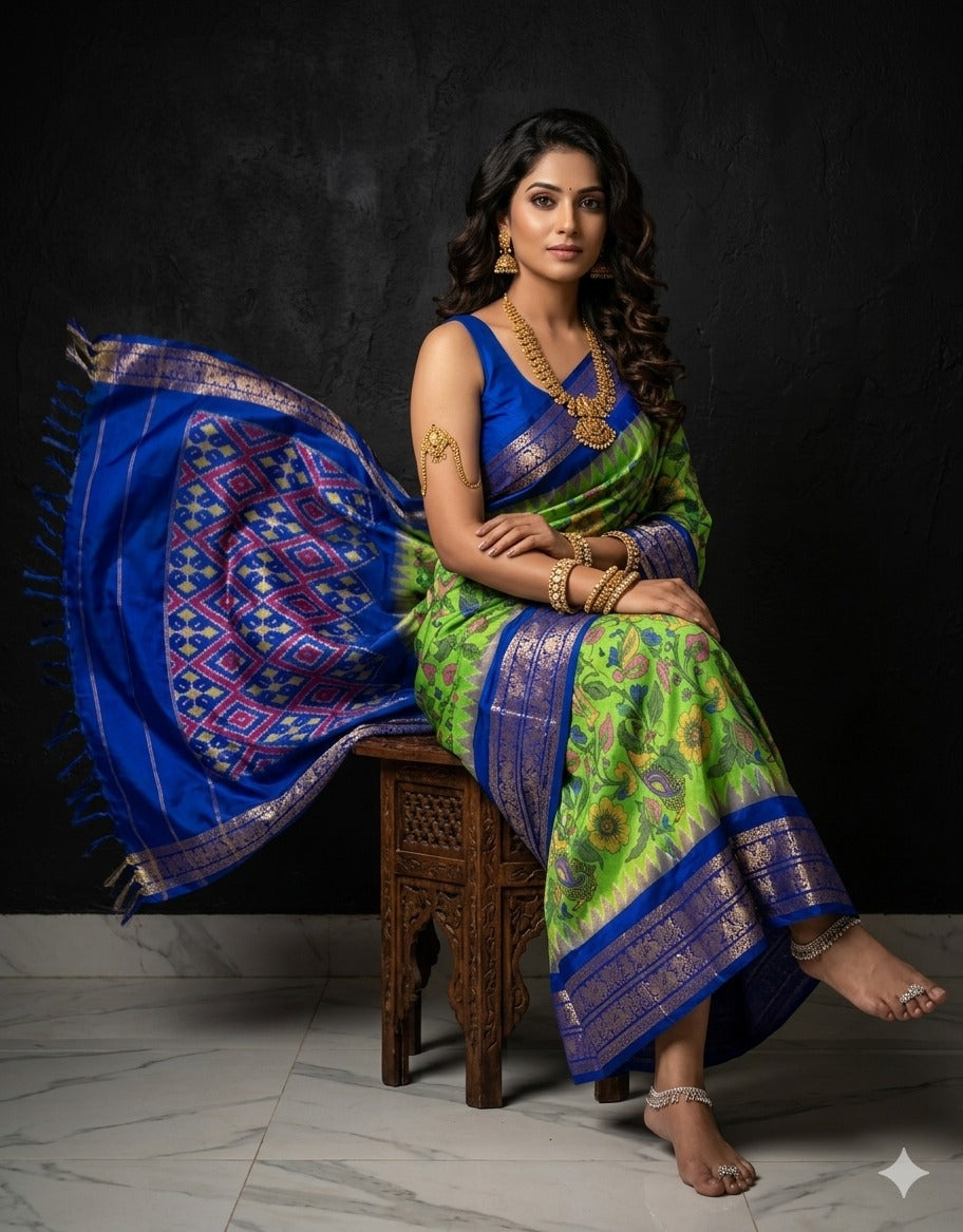 Ikkat Pochampally Handloom Pure Silk Digital Floral Printed Saree With Pallu & Designer Ikkat Blouse | Silk Mark Certified | DS162