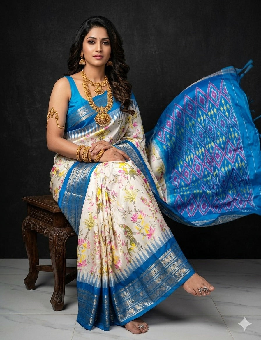 Ikkat Pochampally Handloom Pure Silk Digital Floral Printed Saree With Pallu & Designer Ikkat Blouse | Silk Mark Certified | DS165
