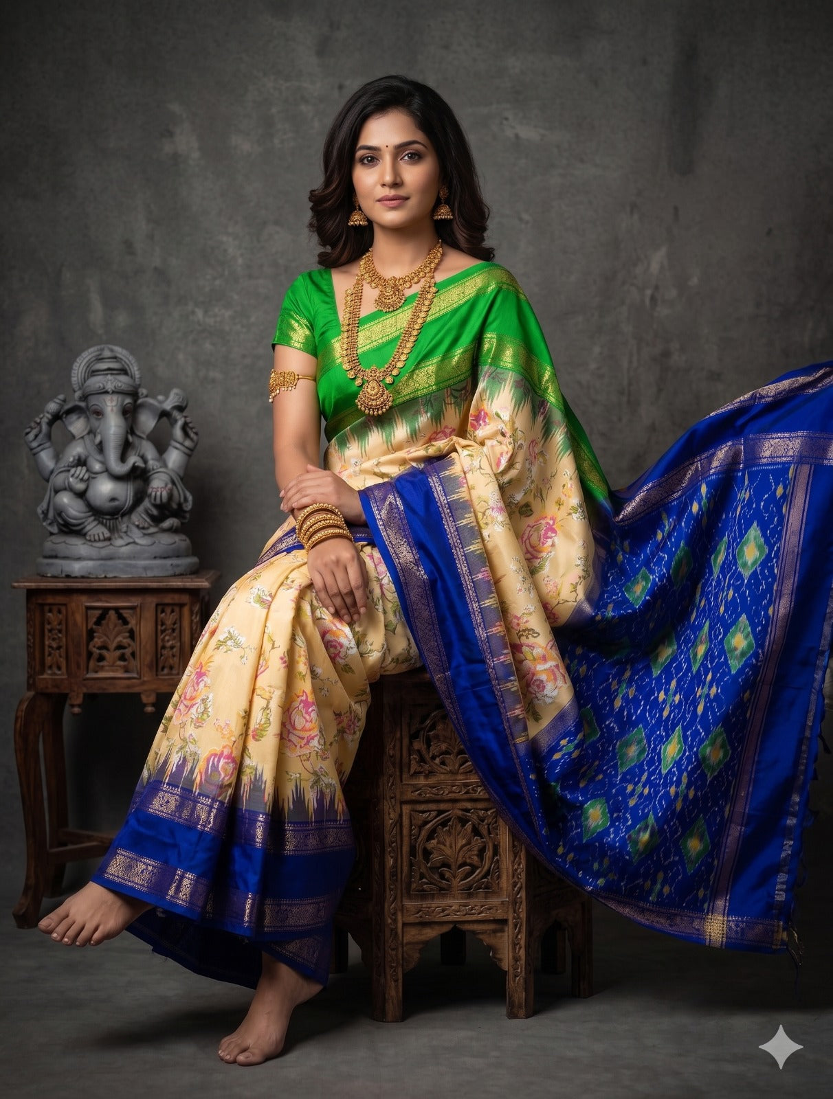 Ikkat Pochampally Handloom Pure Silk Digital Floral Printed Saree With Pallu & Designer Ikkat Blouse | Silk Mark Certified | DS141