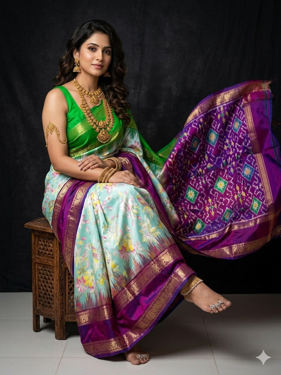 Ikkat Pochampally Handloom Pure Silk Digital Floral Printed Saree With Pallu & Designer Ikkat Blouse | Silk Mark Certified | DS150