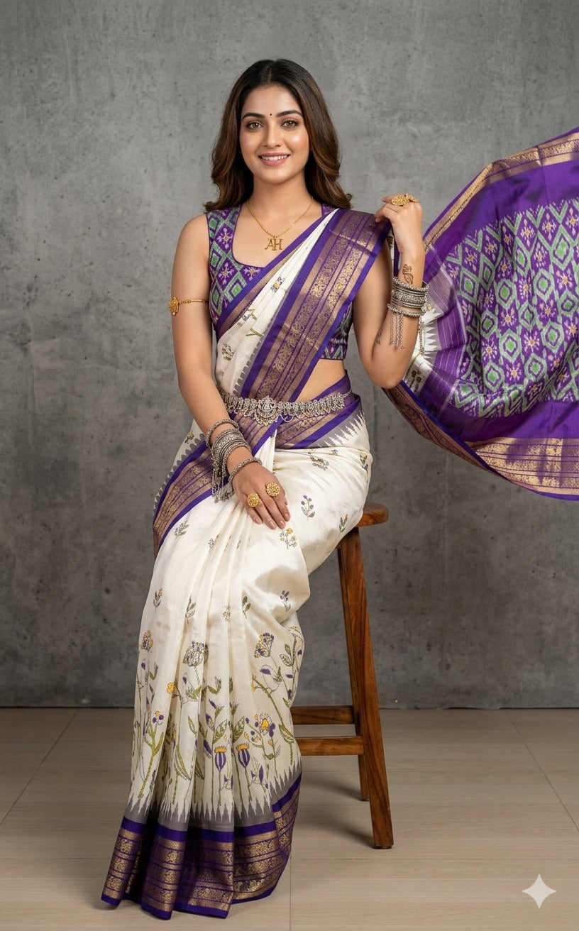 Ikkat Pochampally Handloom Pure Silk Digital Floral Printed Saree With Pallu & Designer Ikkat Blouse | Silk Mark Certified | DS146