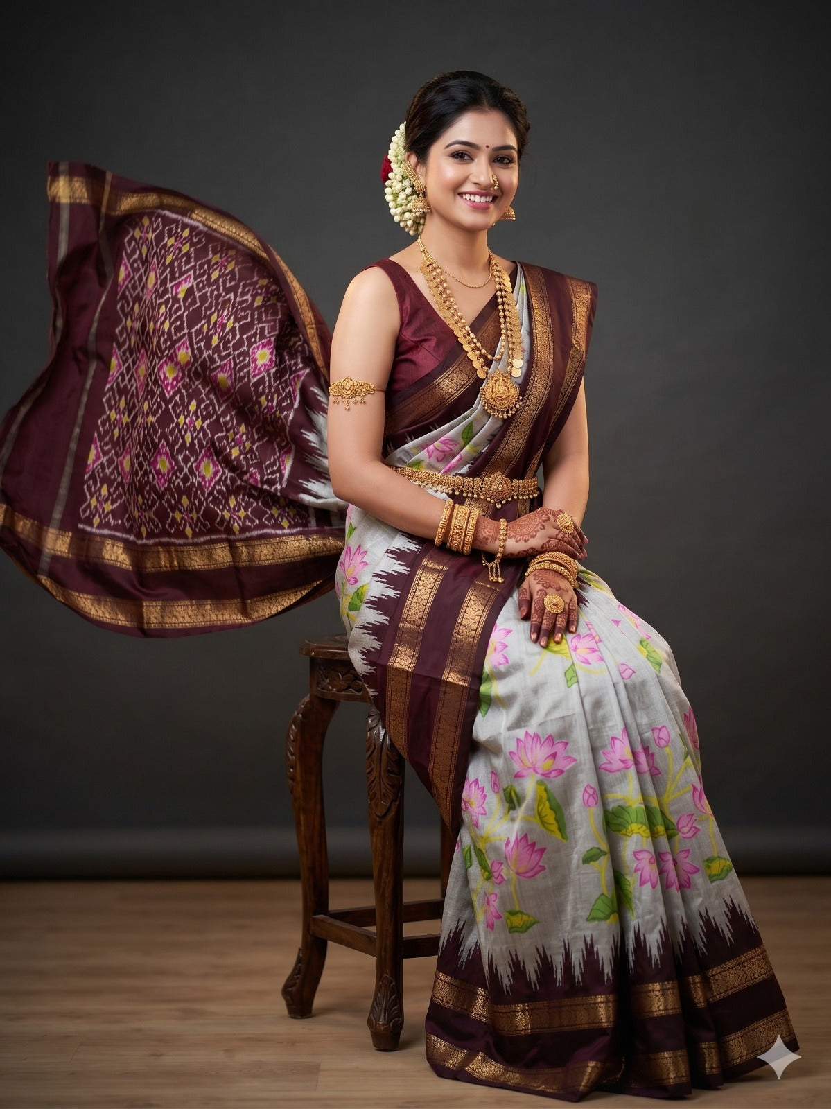 Ikkat Pochampally Handloom Pure Silk Digital Floral Printed Saree With Pallu & Designer Ikkat Blouse | Silk Mark Certified | DS137