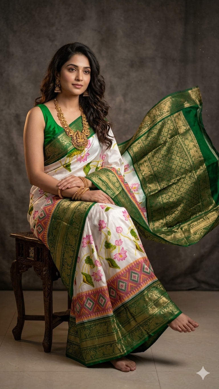 Ikkat Pochampally Handloom Pure Silk Digital Floral Printed Saree With Pallu & Designer Ikkat Blouse | Silk Mark Certified | DS140