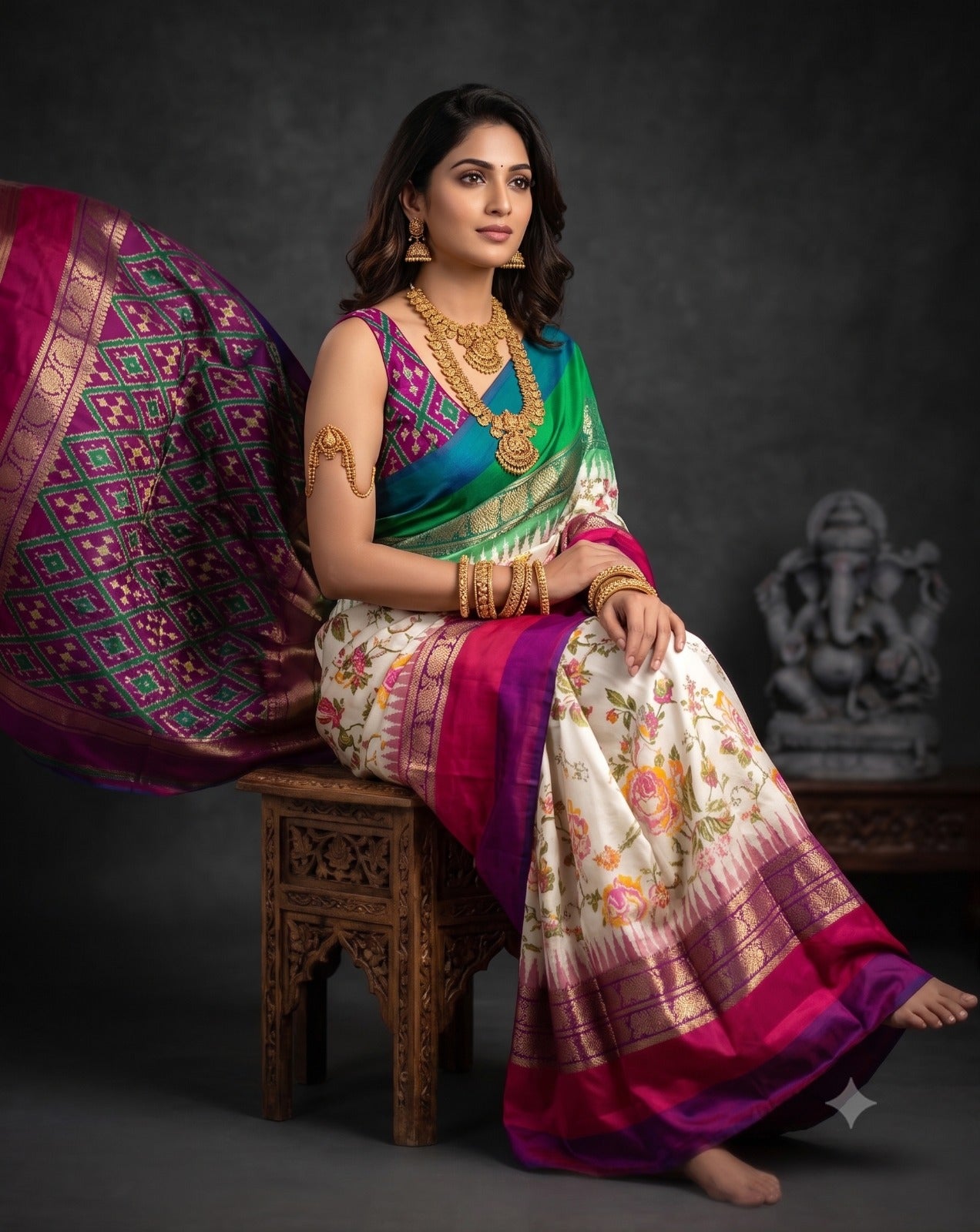 Ikkat Pochampally Handloom Pure Silk Digital Floral Printed Saree With Pallu & Designer Ikkat Blouse | Silk Mark Certified | DS128