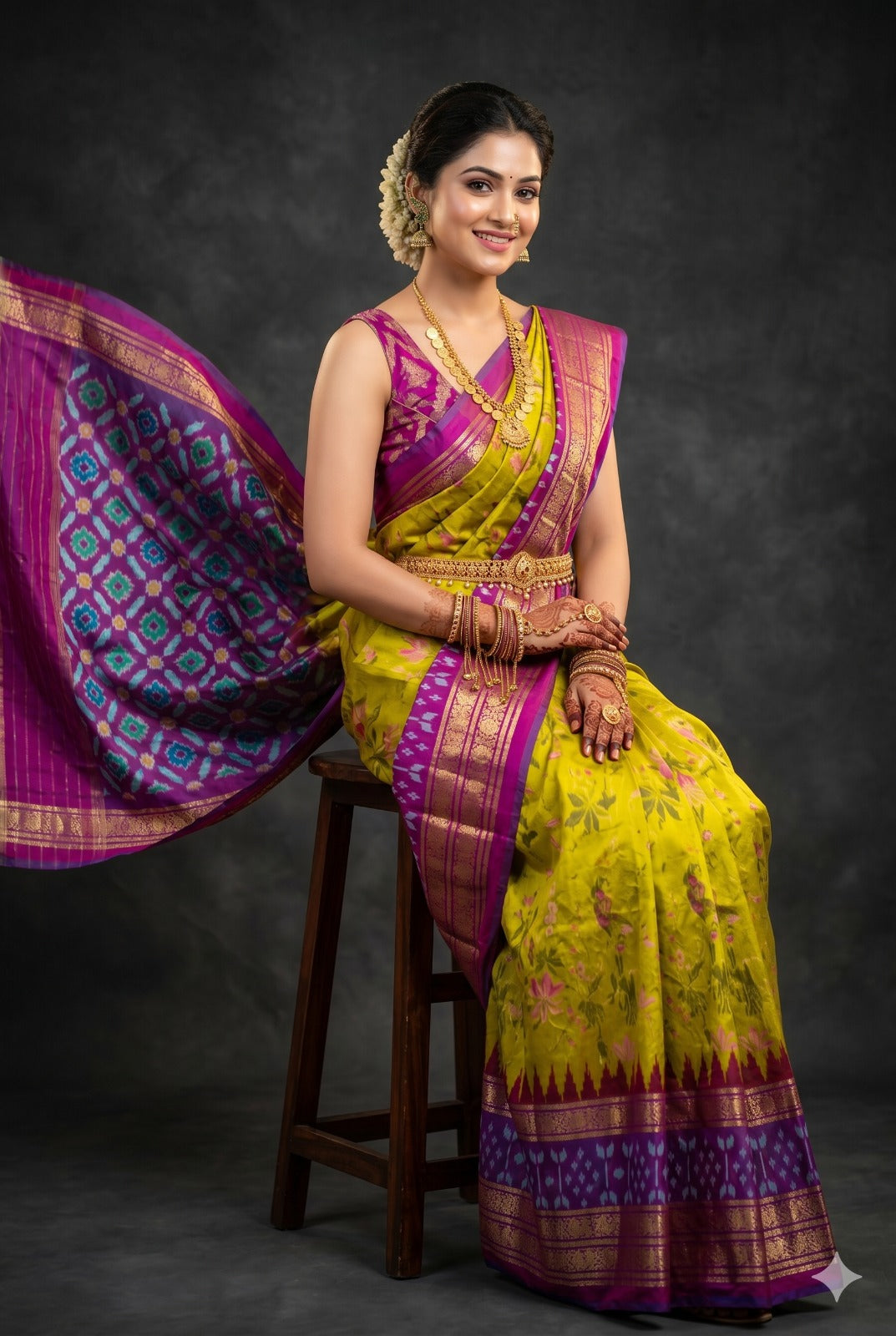 Ikkat Pochampally Handloom Pure Silk Digital Floral Printed Saree With Pallu & Designer Ikkat Blouse | Silk Mark Certified | DS134