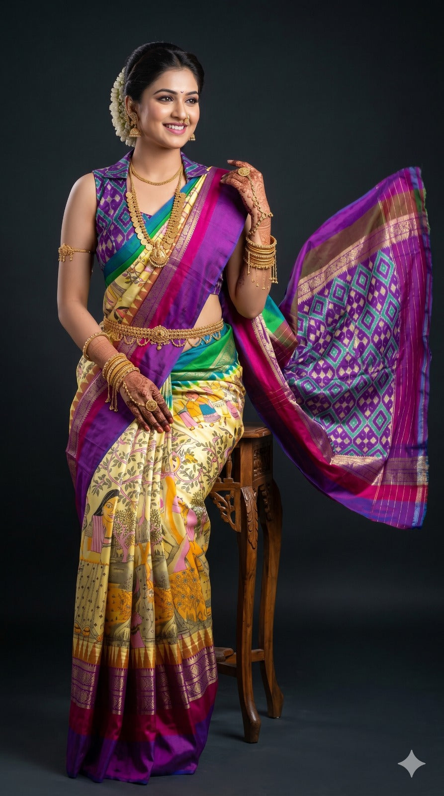 Ikkat Pochampally Handloom Pure Silk Digital Floral Printed Saree With Pallu & Designer Ikkat Blouse | Silk Mark Certified | DS138